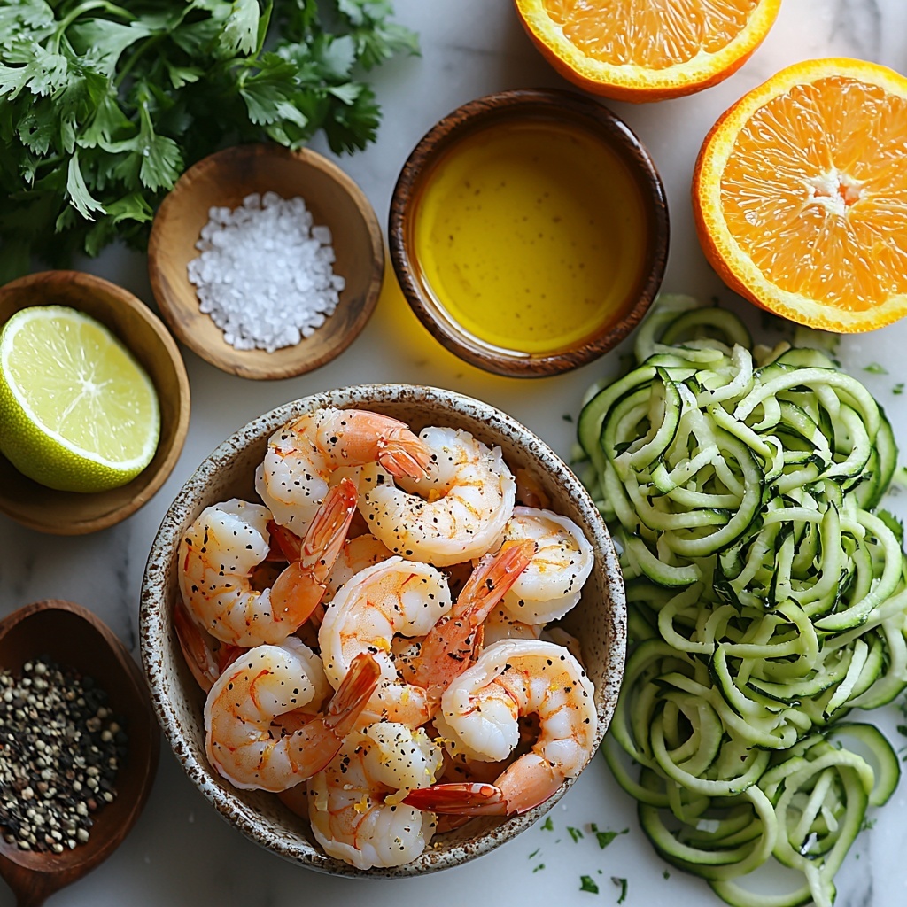 A clean white marble surface with a beautifully arranged flat lay of ingredients for Citrus Grilled Shrimp Zoodles. Centered are vibrant, raw peeled and deveined shrimp in a small rustic bowl, their pale pink shells glistening. Nearby, a small bowl of golden olive oil catches soft light, highlighting its smooth texture. Fresh spiralized zucchini noodles lie in a neat pile, their bright green ribbons contrasting with the shrimp. Scattered zest piles of finely grated lime and orange zest add vibrant yellow-green and bright orange pops of color on small ceramic spoons. A cluster of fresh cilantro sprigs with deep green, delicate leaves adds freshness and texture. Next to them, a small bowl of minced garlic cloves glistens softly. Tiny piles of fine sea salt and coarse black peppercorns rest on textured wooden spoons, adding natural earth tones. A halved lime and a halved orange, showing juicy, colorful flesh, are placed slightly off-center to infuse the scene with vibrant citrus hues. The composition is bright, airy, and fresh, with natural diffused lighting emphasizing the colors and textures, styled with minimal rustic props for an elegant, modern kitchen feel. Overhead shot, top down view, flat lay photography, professional food styling --ar 1:1 --q 2 --s 750 --v 6.1