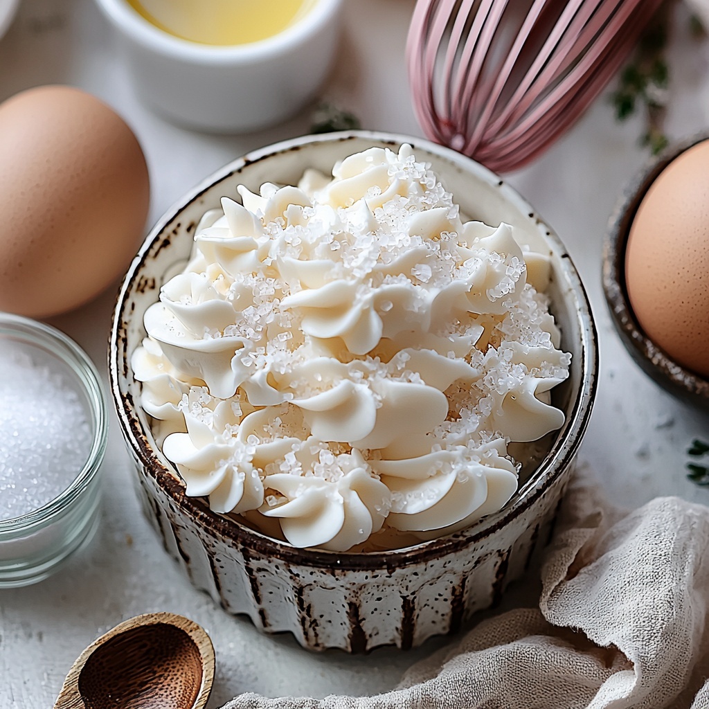 4 large fresh egg whites in a small clear glass bowl, next to a white ceramic bowl filled with fine white granulated sugar, a tiny white ramekin holding pale off-white cream of tartar, a small glass dish containing clear vanilla extract, a pinch of salt scattered lightly on the surface beside a tiny wooden spoon, optional small glass bowls with almond extract and pale yellow lemon juice nearby; all ingredients meticulously arranged on a clean, matte white surface with soft natural light enhancing the delicate textures—glossy liquid egg whites, granulated sugar crystals, smooth translucent extracts; subtle shadows adding depth, minimalistic styling with a touch of rustic charm by including a vintage whisk and a linen napkin folded neatly at the edge; overhead shot, top down view, flat lay photography, professional food styling --ar 1:1 --q 2 --s 750 --v 6.1