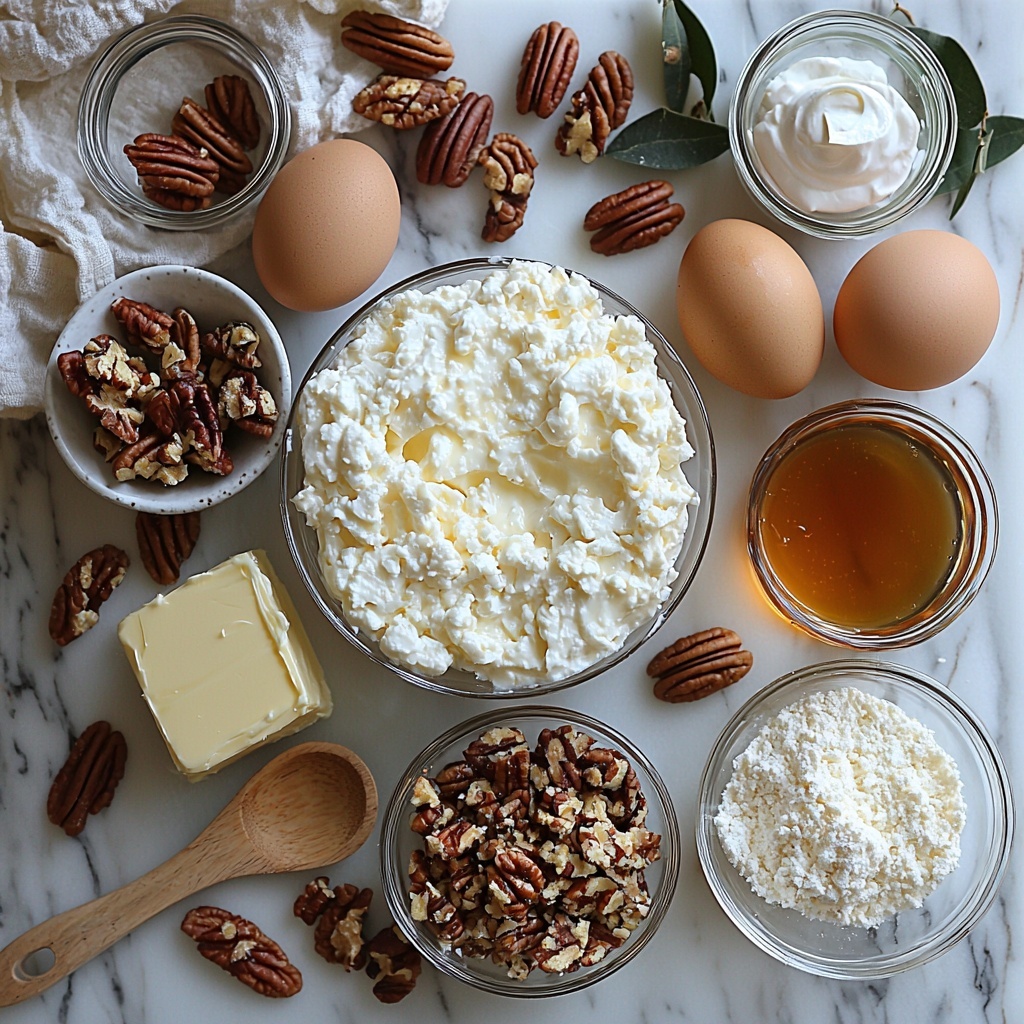 /Imagine prompt: A clean white marble surface arranged with the main ingredients for a decadent pecan pie cheesecake: a small bowl filled with golden graham cracker crumbs, a clear glass dish of melted unsalted butter shimmering softly, a small mound of white granulated sugar, a block of smooth, creamy off-white cream cheese, a bowl of thick sour cream with a silky texture, three large brown eggs with smooth shells, a small glass bowl of rich brown sugar crystals, a glossy bowl of amber corn syrup, a pourable jug of pale heavy cream, a pat of pale yellow unsalted butter, a wooden spoon resting near golden pecan halves scattered artistically, and a small glass dish of clear vanilla extract. The textures range from crumbly and granular to smooth and glossy, colors from warm browns and creamy whites to translucent amber. The ingredients are artfully spaced with natural light casting soft shadows, styled with minimal rustic props like a linen napkin and subtle greenery to enhance warmth without clutter. The composition is balanced and inviting, emphasizing freshness and richness. Overhead shot, top down view, flat lay photography, professional food styling --ar 1:1 --q 2 --s 750 --v 6.1