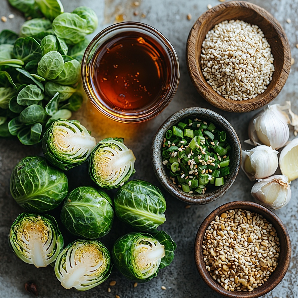 A clean, light-colored surface with all the main ingredients neatly arranged for flat lay photography: vibrant green halved Brussels sprouts showing their fresh, leafy texture; a small bowl of rich, deep red gochujang paste with a glossy sheen; a small jar or bowl of golden honey with a smooth, sticky texture; a clear glass container of rich, golden olive oil; two peeled garlic cloves alongside a small heap of finely minced garlic; a small dish of dark, glossy soy sauce; a tiny bowl with amber-colored sesame oil; a small pile of coarse sea salt and freshly ground black pepper; a wooden spoon or small bowl filled with toasted, light brown sesame seeds; and a small bunch of bright green sliced green onions with crisp edges. The ingredients are spaced gracefully with natural light highlighting their vivid colors and varied textures, coupled with subtle shadows to add depth. Minimal rustic props like a wooden scoop or linen cloth nearby enhance the warm, inviting feel without cluttering the composition. overhead shot, top down view, flat lay photography, professional food styling --ar 1:1 --q 2 --s 750 --v 6.1