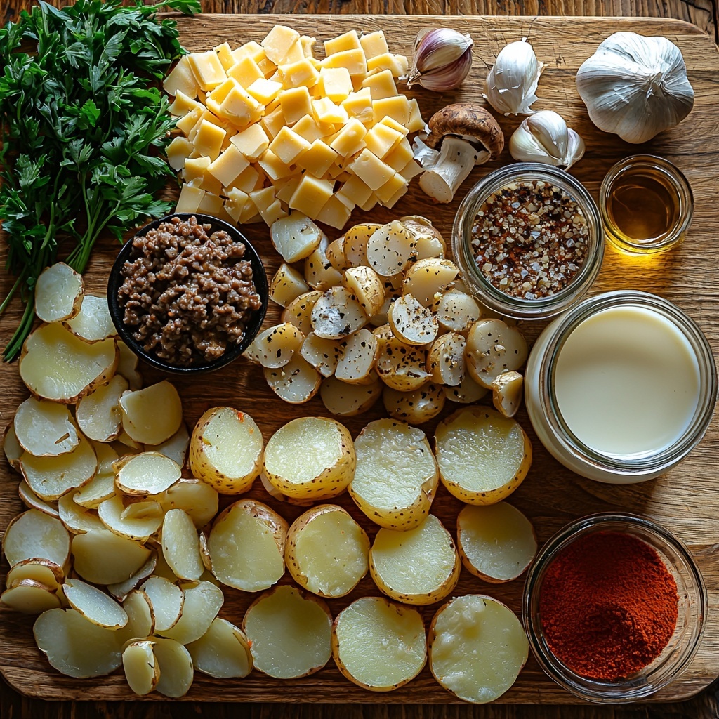 A flat lay arrangement on a clean, light wooden surface featuring all main ingredients for a cheesy hamburger potato casserole: thinly sliced russet potatoes fanned out showcasing their pale yellow, slightly translucent texture; a small bowl of browned ground beef mixed with finely chopped caramelized onions and bits of garlic, rich deep brown with glossy highlights; a rustic jar or bowl of creamy mushroom soup, smooth beige with subtle mushroom flecks; a mound of shredded sharp cheddar cheese in bright orange-yellow tones next to a smaller pile of shredded mozzarella, soft white and fluffy; a small glass bowl of milk, creamy white and slightly reflective; scattered raw garlic cloves with papery skins partially peeled revealing pale bulbs; a whole medium onion cut in half exposing crisp white layers; a small dish of coarse salt crystals and black peppercorns providing texture contrast; a tiny bowl of warm reddish paprika powder; and a small dish of golden olive oil with a glossy surface. The ingredients are spaced evenly with natural shadows, some fresh green parsley sprigs placed subtly for color contrast and visual balance. The lighting is soft and diffused to enhance textures and colors without harsh shadows, styled with minimal rustic props and clean lines to keep focus on the ingredients. Overhead shot, top down view, flat lay photography, professional food styling --ar 1:1 --q 2 --s 750 --v 6.1