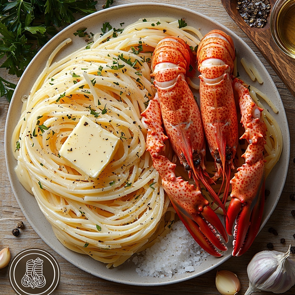8 oz linguine pasta coiled neatly on a white ceramic plate, two cooked lobster claws and chunks of bright red lobster meat arranged beside it, 4 tablespoons of golden unsalted butter in a small glass dish, two garlic cloves minced finely displayed on a wooden cutting board, a small clear glass bowl of creamy pale white heavy cream, a small glass of translucent white wine with subtle reflections, coarse sea salt crystals and cracked black peppercorns scattered artfully on the surface, a bunch of fresh vibrant green chopped parsley sprinkled around for garnish, all laid out on a clean light-colored wooden table with soft natural lighting highlighting textures and colors, subtle shadows adding depth, minimalist rustic style with natural textures and warm inviting tones, overhead shot, top down view, flat lay photography, professional food styling --ar 1:1 --q 2 --s 750 --v 6.1