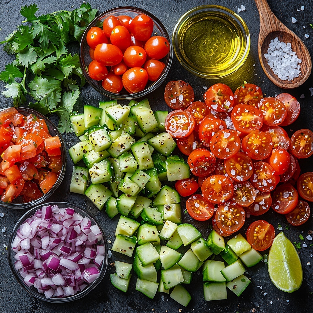 cherry tomatoes halved vibrant red scattered in small clusters, diced bright green cucumber cubes neatly arranged, creamy diced avocado with smooth texture placed in a small pile, finely chopped purple-red red onion sprinkled delicately, fresh bright green cilantro leaves loosely scattered, small glass bowls containing golden olive oil and a lime wedge with bright green flesh, coarse salt and cracked black pepper in tiny dishes, all ingredients displayed on a clean white matte surface with soft natural light highlighting vivid colors and fresh textures, subtle shadows adding depth, minimalistic rustic wooden spoon and linen napkin nearby for styling accents, overhead shot, top down view, flat lay photography, professional food styling --ar 1:1 --q 2 --s 750 --v 6.1