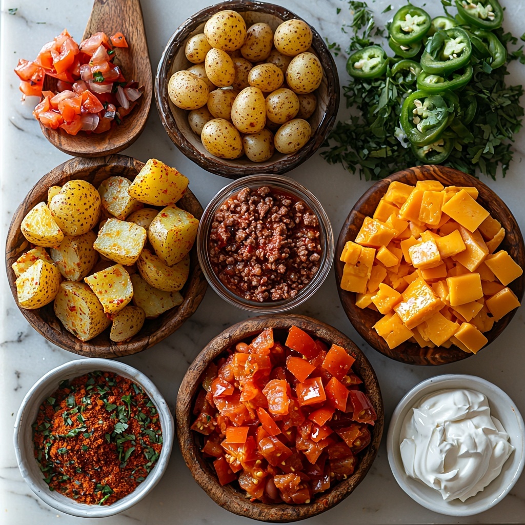A flat lay of all main ingredients neatly arranged on a clean white marble surface: five peeled and cubed golden potatoes in a small wooden bowl, a small glass bowl with rich golden olive oil, tiny white ceramic spoons holding coarse sea salt, cracked black pepper, garlic powder, paprika, onion powder, and chili powder, a heap of raw ground beef with a sprig of fresh parsley beside it, a small bowl of finely chopped white onion, a bowl of minced garlic cloves, a rustic bowl with bright red diced tomatoes and green chiles, a bowl of glossy dark red chili beans, a pile of vibrant shredded sharp cheddar cheese with fine orange and yellow textures, thinly sliced bright green onions scattered artistically on the side, a small dollop of creamy white sour cream on a small dish, and neatly arranged glossy sliced jalapeños with deep green hues. The lighting is soft natural daylight highlighting the contrasting colors and fresh textures, shadows are minimal and gentle to enhance depth, styled with minimal props including a wooden spoon and linen napkin subtly in the frame for a cozy, inviting feel. overhead shot, top down view, flat lay photography, professional food styling --ar 1:1 --q 2 --s 750 --v 6.1