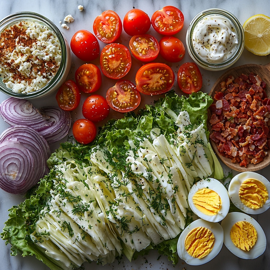 Iceberg lettuce wedges with crisp pale green and white layers, halved vibrant red cherry tomatoes, quartered hard-boiled eggs showing bright yellow yolks and smooth white edges, crispy chopped golden-brown bacon pieces, finely chopped deep purple-red onion, scattered fresh green chives, a small bowl of toasted golden garlic panko breadcrumbs with a crunchy texture, a bowl of creamy white sour cream or Greek yogurt, a small glass container of pale creamy buttermilk, a jar of smooth beige mayonnaise, a lemon wedge or small bowl of bright yellow lemon juice, whole fresh garlic cloves beside a small pile of grated garlic, small heaps of white garlic powder, onion powder, and coarse kosher salt crystals, and sprigs or small piles of finely chopped fresh green dill. All ingredients are neatly arranged on a clean white marble surface with natural soft light highlighting the vivid colors and contrasting textures, styled with minimal rustic props like a wooden spoon and linen napkin, creating a fresh, inviting, and organized flat lay composition. Overhead shot, top down view, flat lay photography, professional food styling --ar 1:1 --q 2 --s 750 --v 6.1