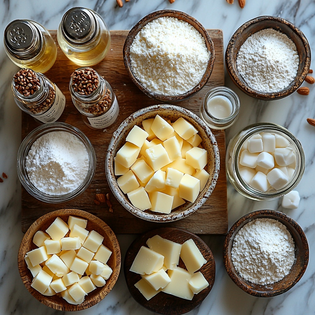 2 cups all-purpose flour in a small rustic ceramic bowl with some flour dusted artistically on a clean white marble surface, a teaspoon of fine table salt in a tiny glass jar beside it, 1 cup cold unsalted butter cut into neat cubes on a wooden cutting board, 6 tablespoons ice water in a clear glass bowl with tiny ice cubes visible, 1/2 cup granulated sugar sparkling under soft natural light in a delicate glass ramekin, 1/2 cup heavy cream in a small white porcelain pitcher showing its creamy texture, 1 cup blanched slivered almonds toasted to a light golden brown arranged in a small round dish with some ground almonds scattered nearby, 2 tablespoons all-purpose flour in a tiny bowl for filling thickening, 1 teaspoon almond extract and 1 teaspoon vanilla extract in small amber glass bottles with simple labels, 1/4 teaspoon salt in a miniature open salt cellar, 1 cup powdered sugar sifted finely in a delicate sieve with some powdered sugar dusting the surface, 2 tablespoons milk or heavy cream in a tiny clear measuring cup, and 1/2 teaspoon almond extract in a small dropper bottle. The ingredients are artfully spaced and balanced on the smooth marble background with soft diffuse lighting enhancing natural colors and textures, shadows subtle and soft, styled with a clean and minimalist approach emphasizing freshness and simplicity. Overhead shot, top down view, flat lay photography, professional food styling --ar 1:1 --q 2 --s 750 --v 6.1
