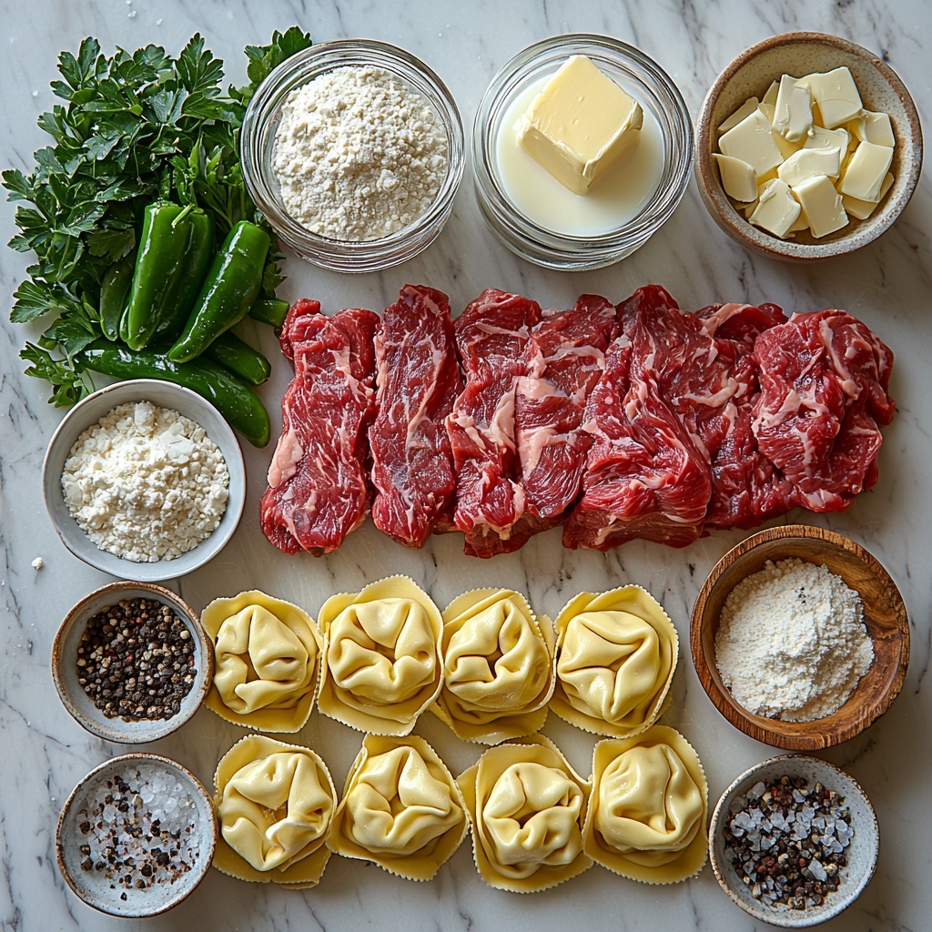 Cheese tortellini in a neat pile, uncooked with smooth, pale yellow pasta; thinly sliced raw ribeye steak strips, rich red with marbled white fat; bright green bell pepper slices, fresh and crisp; thinly sliced onion rings, translucent white-purple hues; a small pat of golden yellow butter; a small mound of pale beige all-purpose flour; a clear glass jug of creamy white milk; a small bowl of heavy cream, thick and glossy; a heap of shredded provolone cheese, soft off-white with curled edges; pinch of garlic powder in a tiny rustic bowl, light beige; small bowls of salt and cracked black pepper; a bunch of fresh chopped parsley, vibrant green with delicate leaves; arranged thoughtfully on a clean white marble surface with natural daylight casting soft shadows, textures highlighted for freshness and richness, scattered loose flour and a few stray parsley leaves for casual elegance, overhead shot, top down view, flat lay photography, professional food styling --ar 1:1 --q 2 --s 750 --v 6.1