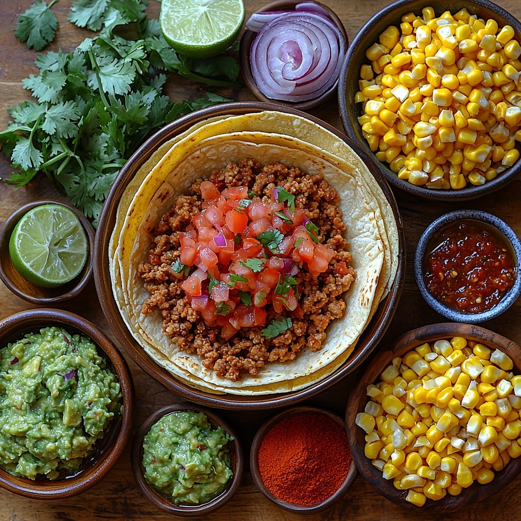 A vibrant flat lay of ingredients for ground turkey tacos arranged neatly on a clean, light wooden surface. Small rustic bowls hold golden olive oil, bright green tomatillo salsa, chunky red tomato salsa, creamy green guacamole, and fiery red hot sauce. A mound of lean ground turkey with a slightly browned texture rests next to scattered raw yellow corn kernels and a small pile of finely diced deep purple-red onion. Fresh green cilantro sprigs contrast with a halved lime showing juicy bright green flesh. A small pile of pale yellow corn tortillas with slight char marks is fanned out artistically. Spices—cumin, chili powder, garlic powder, salt, and a pinch of sugar—are displayed in tiny ceramic spoons, showcasing warm earthy tones and fine textures. The overall arrangement is airy and balanced, emphasizing the vibrant colors and varied textures, with natural light enhancing the freshness and rustic appeal. Overhead shot, top down view, flat lay photography, professional food styling --ar 1:1 --q 2 --s 750 --v 6.1