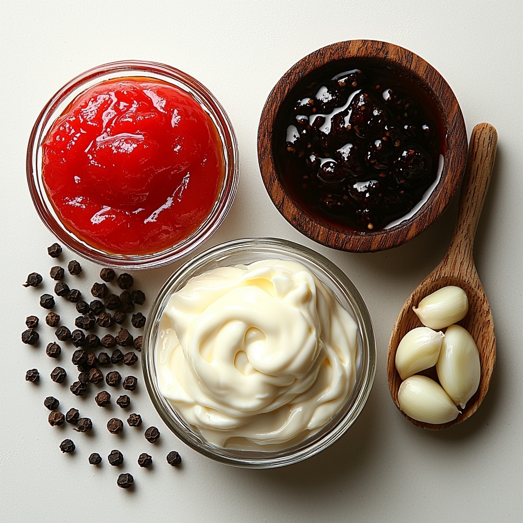 1 cup creamy white mayonnaise in a small glass bowl, next to a bright red ketchup dollop on a white ceramic spoon, a small wooden dish holding glossy dark brown Worcestershire sauce, scattered fine white garlic powder in a neat pile on the surface, and a small heap of coarsely cracked black peppercorns nearby, all arranged artfully on a clean matte white tabletop. Soft natural light highlights the smooth, creamy textures of the mayonnaise and ketchup, the shiny syrupy gloss of the Worcestershire sauce, and contrasts with the powdery garlic and rough peppercorns. Minimalist styling with subtle shadows adds depth and visual interest, creating a fresh and inviting atmosphere. Overhead shot, top down view, flat lay photography, professional food styling --ar 1:1 --q 2 --s 750 --v 6.1