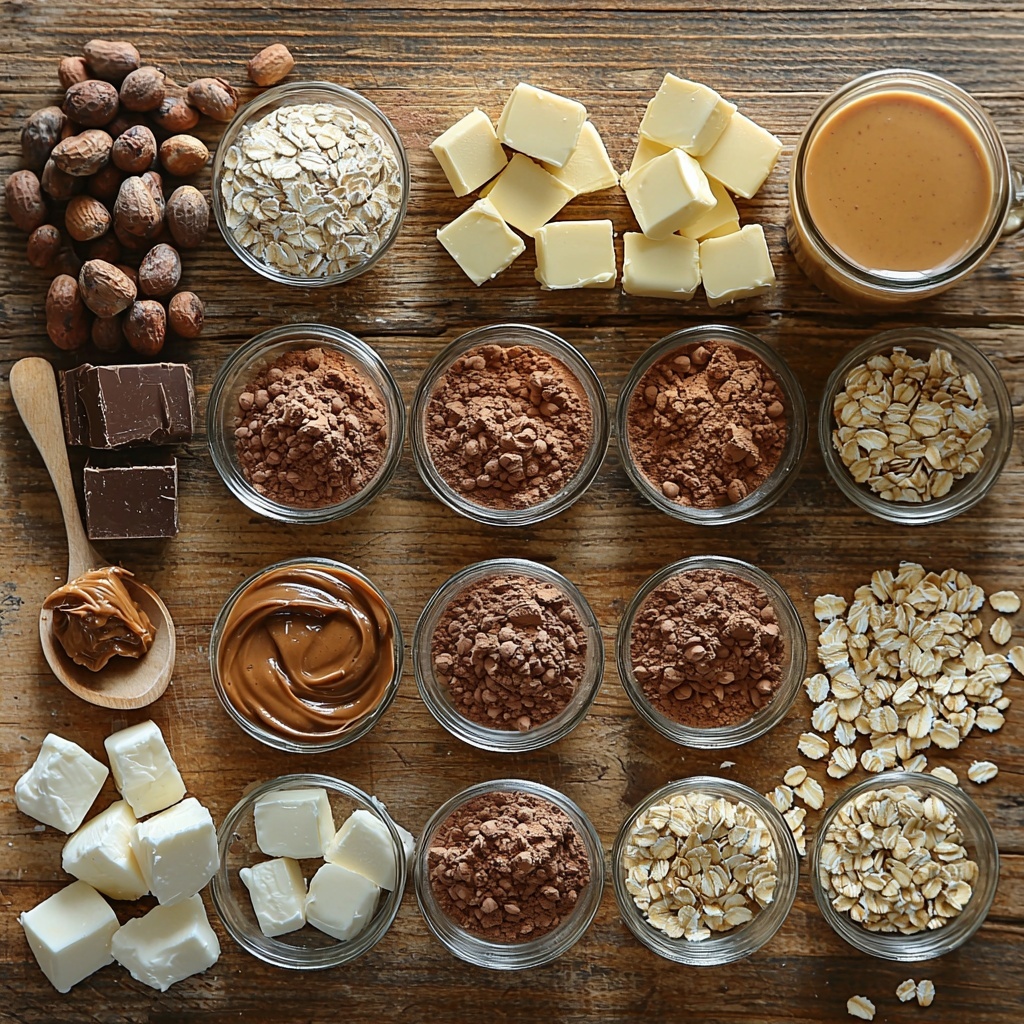 A clean, light wooden surface with all the ingredients for no bake cookies arranged neatly in a visually pleasing flat lay composition. In small glass bowls, rich dark brown cocoa powder with a velvety texture, fine white granulated sugar sparkling softly, and smooth creamy peanut butter in a glossy swirl. Next to them, a clear glass measuring cup filled with golden melted butter, a small cup of creamy milk with a soft reflection, and a tiny glass bowl of pale amber vanilla extract. Scattered artfully around are clusters of light beige quick oats, showing their flaky texture. A few vintage silver measuring spoons and a wooden spoon add rustic charm to the scene. Soft natural daylight highlights the subtle shadows and textures, with minimal props and a neutral background to keep focus on the ingredients. The overall feel is warm, inviting, and clean, perfect for showcasing the simplicity and warmth of homemade no bake cookies. Overhead shot, top down view, flat lay photography, professional food styling --ar 1:1 --q 2 --s 750 --v 6.1