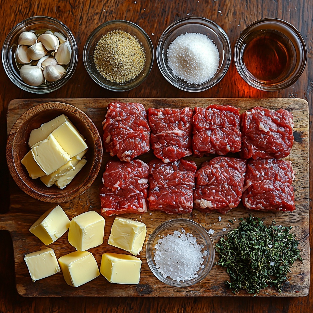 A clean, light wooden surface with all the main ingredients for Hamburger Steak with Onion Gravy artfully arranged in a balanced flat lay. Center left: a small rustic bowl of bright golden olive oil glistening under soft light. Nearby, a portion of rich, deep red ground beef, shaped loosely with visible coarse texture. Scattered next to it, small cubes of pale yellow frozen butter with delicate ridges from shredding. Finely minced tiny yellow onion pieces in a small clear glass bowl, their translucent, moist texture catching the light. Three roughly chopped garlic cloves with their papery white skins beside them. A neat heap of vibrant yellow mustard and a small drizzle of glossy dark Worcestershire sauce on a clean white ceramic spoon. Two thick strings of bright yellow onions fanned out to display their layers and slight translucency. Three dollops of creamy, soft unsalted butter glowing softly. Small bowls holding amber chicken broth and rich brown beef broth, each liquid’s surface smooth and reflective. A tiny dish filled with fine salt and cracked black pepper. A small pile of pale beige onion powder and a slightly coarser heap of garlic powder arranged side by side. A delicate mound of white corn starch powder next to a small glass of clear cold water. The ingredients are spaced with breathing room, shadows soft and natural, emphasizing vibrant colors and varied textures with subtle highlights. Overhead shot, top down view, flat lay photography, professional food styling --ar 1:1 --q 2 --s 750 --v 6.1