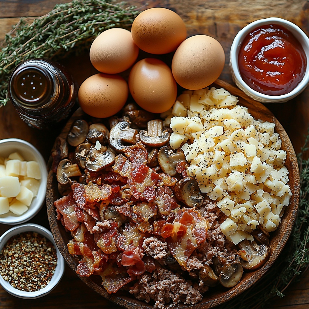 Bacon, crispy and golden-brown crumbled pieces, scattered near a small rustic bowl of chopped sautéed mushrooms and translucent cooked onions. Nearby, raw ground beef and ground pork portions side by side showing rich red and pale pink hues with visible texture. A heap of golden breadcrumbs and a small mound of finely grated Swiss cheese with soft, creamy-white curls. A half cup of grated Parmesan cheese in a neat pile. Fresh eggs, whole with smooth brown shells, placed next to an open small bottle of Worcestershire sauce with dark amber liquid. A small dish of bright red ketchup glistening under the light. Sprinklings of dried thyme leaves, cracked black pepper granules, and pale beige garlic powder neatly spooned into tiny white ceramic bowls. A small white bowl holding chopped onions. A glass of creamy milk with soft light reflections. All ingredients meticulously arranged on a clean, light wood surface with natural daylight casting gentle shadows, styled with minimal props to emphasize textures and rich colors. Overhead shot, top down view, flat lay photography, professional food styling --ar 1:1 --q 2 --s 750 --v 6.1