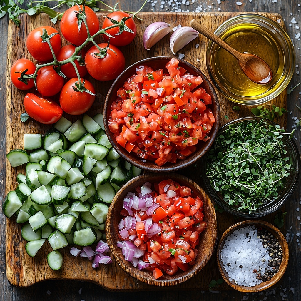 flat lay photography of fresh ingredients for mini chilled gazpacho arranged neatly on a clean, light wooden surface, vibrant red chopped ripe tomatoes in a rustic bowl, bright red half bell pepper pieces placed alongside, crisp pale green peeled and chopped cucumber chunks scattered artfully, finely diced small red onion with its purplish-pink hues, a small garlic clove minced and displayed on a miniature dish, a small clear glass bowl with golden extra virgin olive oil glistening, a small bowl containing deep burgundy red wine vinegar, sea salt flakes sprinkled loosely next to a tiny wooden spoon, freshly ground black peppercorns in a small heap adding texture, a small dish with smoky reddish paprika powder, a clear glass with cold water droplets on the outside, garnish elements including thin mini cucumber slices with translucent pale green flesh, glossy bright red cherry tomato halves, and delicate green microgreens providing a fresh contrast, a few scattered flakes of flaky sea salt, a small drizzle of olive oil artistically spilled on the surface to add shine and depth, all ingredients arranged with balanced spacing to showcase vivid colors and varied textures, natural soft daylight highlighting freshness and freshness of produce, subtle shadows for depth, overall clean and sophisticated styling, overhead shot, top down view, flat lay photography, professional food styling --ar 1:1 --q 2 --s 750 --v 6.1