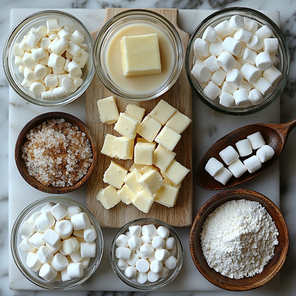 A clean white marble surface with the main ingredients for eggnog fudge neatly arranged in a visually balanced flat lay. A small glass bowl filled with creamy off-white eggnog, a block of golden salted butter partially sliced on a small wooden cutting board, a clear glass bowl of sparkling white granulated sugar, a bowl overflowing with fluffy white mini marshmallows, a heap of creamy white chocolate chips next to a small glass dish of warm amber vanilla extract, and a vintage ceramic spoon holding a light brown powder of ground nutmeg. Soft natural light enhances the rich textures: the smooth butter, sparkling sugar crystals, pillowy marshmallows, and glossy chocolate chips. Subtle shadows add depth and warmth. Minimal props with neutral tones, slight rustic accents like linen napkin edges and a wooden spoon handle visible at the frame edges. Overhead shot, top down view, flat lay photography, professional food styling --ar 1:1 --q 2 --s 750 --v 6.1
