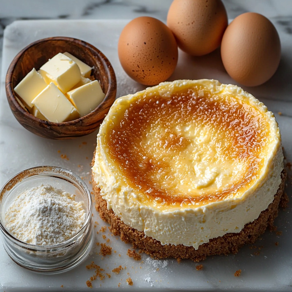 /Imagine a clean white marble surface with the main ingredients for a classic baked cheesecake carefully arranged in an artful flat lay. On the left, a small wooden bowl filled with golden graham cracker crumbs next to a heap of fine white granulated sugar spilling slightly onto the surface. A glass measuring cup holds melted unsalted butter with a warm, glossy sheen nearby. Centered, four soft blocks of cream cheese with a smooth, creamy texture on a white ceramic plate. A small glass bowl of thick, velvety sour cream beside a cracked eggshell and four whole large brown eggs with matte shells. A tiny glass bowl with translucent lemon juice shimmering under soft natural light, next to a small dish of all-purpose flour with a delicate powdery texture. A delicate vanilla bean pod lies beside a tiny glass jar of vanilla extract, its amber liquid catching subtle highlights. Light shadows create depth and highlight the comforting neutral palette of creams, whites, and warm browns. Minimal linen napkins and a subtle golden spoon add rustic charm while maintaining a modern, fresh aesthetic. Overhead shot, top down view, flat lay photography, professional food styling --ar 1:1 --q 2 --s 750 --v 6.1