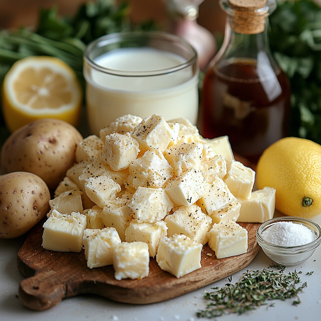 butter, diced yellow onion, diced celery, minced garlic cloves, all-purpose flour in a small bowl, dried oregano sprinkle, coarse kosher salt crystals, a glass of pale white wine, clear clam juice in a measuring cup, white milk in a small pitcher, thick heavy cream in a glass pourer, golden chicken broth in a clear container, fresh lemon half with bright yellow color and a small glass bowl of juice, a small bottle of Worcestershire sauce with dark liquid, halved and quartered baby potatoes with smooth light brown skin, a single aromatic bay leaf, fresh green thyme sprigs, a pile of bright white lump crabmeat with delicate texture—all carefully arranged on a clean white surface with natural light casting soft shadows, ingredients spaced evenly with varying textures and colors creating visual balance, minimalistic styling with rustic touches, overhead shot, top down view, flat lay photography, professional food styling --ar 1:1 --q 2 --s 750 --v 6.1