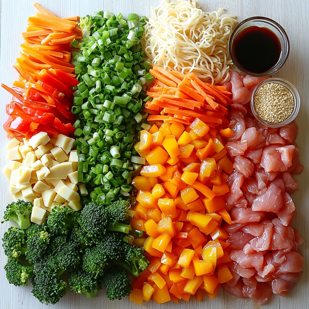 boneless skinless chicken breast slices, uncooked, pale pink with smooth texture; raw egg noodles or rice noodles, tangled pale yellow or white strands; vibrant red, yellow, and green sliced bell peppers arranged in colorful clusters; fresh green broccoli florets with rich texture; bright orange julienned carrot sticks neatly aligned; thinly sliced green onions with fresh green and white contrast; small bowl of glossy dark soy sauce; honey or maple syrup in a small glass dish shining golden; clear rice vinegar in a tiny glass container; minced garlic and ginger placed side by side on a white ceramic spoon; cornstarch mixed with water in a small clear bowl; 1/4 cup white sesame seeds scattered lightly nearby. All ingredients carefully arranged on a clean white or light wooden surface, spaced evenly to highlight their vibrant colors and textures, garnished with a few sesame seeds sprinkled artfully around. Soft natural lighting enhances freshness, slight shadows add depth, minimal props to keep focus on ingredients. overhead shot, top down view, flat lay photography, professional food styling --ar 1:1 --q 2 --s 750 --v 6.1