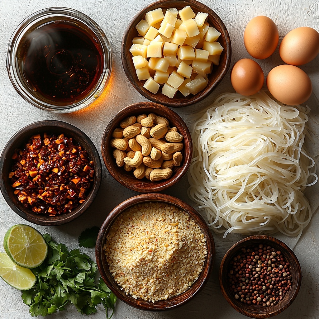 Tamarinden paste in a small rustic bowl with rich, dark brown color and smooth texture, next to a small heap of golden brown muscovado sugar crystals; a glass measuring cup filled with steaming hot water releasing gentle wisps of steam; a small ceramic bowl with glossy amber fish sauce; a tiny bowl of light red chili powder with a fine powdery texture; uncooked white rice pad Thai noodles, neatly coiled in a small pile showing their delicate translucency; a small jar of golden coconut oil with a slightly reflective surface; a wooden bowl filled with finely minced raw beef with a fresh, vibrant red color; finely diced purple shallot pieces scattered elegantly nearby; two garlic cloves, roughly chopped, with papery skins partially peeled; a small clay pot holding reddish-pink shrimp paste; a bowl of plump, raw peeled shrimp with pale pink and ivory hues; a measuring cup containing smooth, thick Pad Thai sauce with deep reddish-brown color; a shallow dish with a beaten bright yellow egg with visible bubbles; a small ramekin filled with crushed golden roasted peanuts; a cup of crisp white bean sprouts with green tips; tiny slices of bright white pickled radish arranged artfully; a sprinkle of fine white pepper powder in a small pile; thinly sliced fresh green spring onions arranged in a semi-circle; lime wedges with vibrant green rinds and juicy translucent flesh arranged for serving; all ingredients placed on a clean, matte white surface with soft natural light casting gentle shadows, styled with bamboo utensils and small traditional Thai bowls, evoking an inviting, fresh, and authentic cooking atmosphere, overhead shot, top down view, flat lay photography, professional food styling --ar 1:1 --q 2 --s 750 --v 6.1