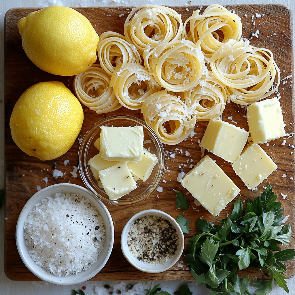 12 oz dry capellini pasta neatly coiled in small nests, bright yellow and delicate strands; a small mound of coarse sea salt in a white ceramic bowl; a quarter cup of creamy, pale unsalted butter cut into soft cubes on a wooden board; two whole fresh lemons, one sliced to show vibrant yellow flesh and textured rind, the other with bright yellow zest finely grated beside it; a small glass bowl of golden extra-virgin olive oil catching the light; a clear bowl heaped with finely grated Parmesan cheese, soft and snowy white; a small pile of fresh chopped parsley with vivid green leaves scattered nearby; a few grinds of black pepper visible on a rustic white surface; all ingredients thoughtfully spaced on a clean neutral background with natural daylight highlighting the varied textures and colors, subtle shadows for depth, minimalistic and elegant styling emphasizing freshness and simplicity, overhead shot, top down view, flat lay photography, professional food styling --ar 1:1 --q 2 --s 750 --v 6.1