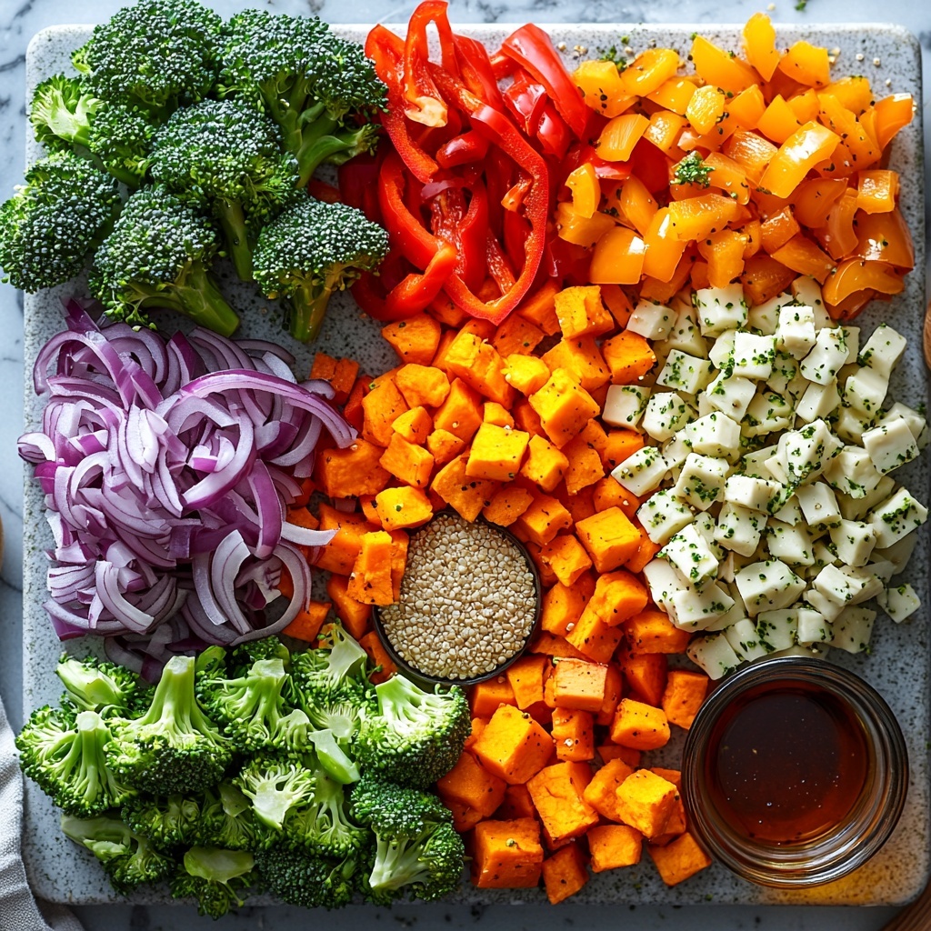 Large head of fresh green broccoli florets, vibrant red bell pepper chunks, bright orange diced sweet potato cubes, purple-red red onion wedges, several cloves of minced and whole garlic, small glass bowl of golden extra virgin olive oil, a heap of uncooked pale beige quinoa grains, small ceramic bowl of creamy off-white tahini paste, clear glass dish with fresh lemon juice, maple syrup in a small amber-colored jar, dried oregano scattered as fine green flakes, salt and freshly ground black pepper in tiny white and black piles, all meticulously arranged on a clean white marble surface. The ingredients are spaced evenly with natural shadows, showcasing a variety of textures — the rough broccoli florets, smooth tahini, glossy olive oil, and crisp vegetable pieces. Styling includes light linen napkins, rustic wooden spoons nearby, subtle natural daylight casting soft highlights and gentle reflections. A minimalistic, fresh and vibrant composition emphasizing freshness and color contrast. overhead shot, top down view, flat lay photography, professional food styling --ar 1:1 --q 2 --s 750 --v 6.1