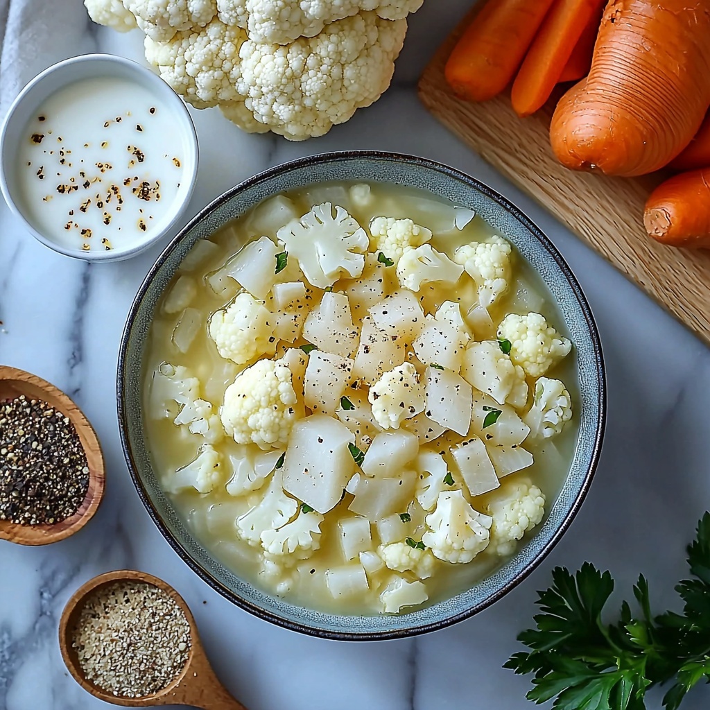 medium head cauliflower chopped into florets, large diced onion, two cloves garlic minced, tablespoon of golden olive oil in a small glass bowl, four cups of clear vegetable broth in a measuring cup, white cup filled with creamy milk or cream, teaspoon of salt in a small ceramic dish, half teaspoon black pepper in a tiny bowl, quarter teaspoon ground nutmeg in a wooden spoon, two tablespoons fresh chopped parsley sprinkled loosely on the side, all ingredients arranged artfully on a clean white marble surface, vivid natural colors emphasizing freshness and texture, rough cauliflower florets with their bumpy surface, shiny smooth onion pieces, rough garlic cloves, translucent broth with a light golden hue, creamy milk contrasting with darker spices, bright green parsley adding a pop of color, minimalistic styling with warm natural light casting soft shadows, emphasis on texture and color contrast, overhead shot, top down view, flat lay photography, professional food styling --ar 1:1 --q 2 --s 750 --v 6.1