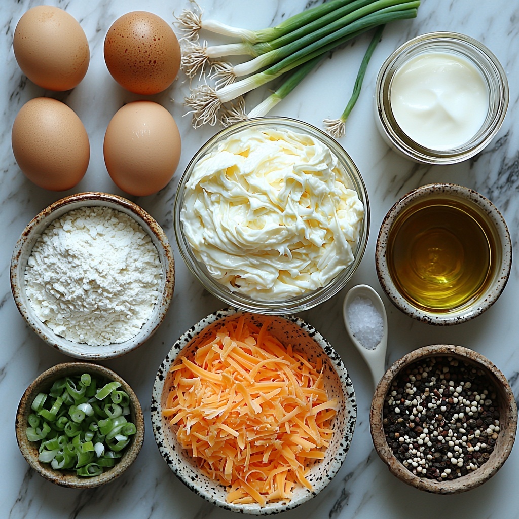 Cream cheese softened in a small glass bowl, finely chopped bright green onions arranged in a neat pile, a small heap of shredded sharp orange cheddar cheese, white ceramic spoons holding pale beige garlic powder, fine salt crystals, and cracked black peppercorns, two fresh brown eggs with smooth shells, a rustic ceramic bowl of white all-purpose flour, a matching small bowl with off-white baking powder, a clear glass measuring cup filled with creamy white milk or buttermilk, a small cup of golden vegetable oil with a subtle shine, all ingredients spaced evenly on a clean white marble surface with soft natural lighting enhancing the varied textures — creamy, powdery, fluffy, smooth, and fresh; minimal shadows, focus on vibrant, contrasting colors and textural details, styled with a few sprigs of green onions for a pop of color and freshness, bowl edges and utensils arranged organically but balanced for visual harmony overhead shot, top down view, flat lay photography, professional food styling --ar 1:1 --q 2 --s 750 --v 6.1