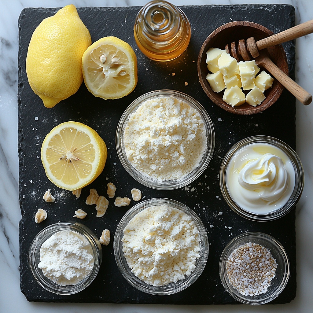 vanilla protein powder scoop in a small glass bowl with creamy off-white powder texture, a wooden spoon resting beside it; two tablespoons of all-purpose flour in a neat pile on a white ceramic plate, fine and powdery texture; a tiny clear glass bowl with pale baking powder; a small dish with granulated sweetener crystals, sparkling slightly; fresh lemon half with bright yellow zest scattered artistically beside it, a small glass bowl of freshly squeezed lemon juice with a vibrant yellow hue; a small measuring cup with smooth, pale almond milk; a tiny bowl of melted coconut oil glistening with a silky sheen; a small amber bottle of vanilla extract with a dropper; a pinch of fine salt sprinkled lightly on a matte black slate; optional toppings arranged nearby including a dollop of thick Greek yogurt in a white ramekin, a swirl of fluffy coconut whipped cream in a glass bowl, and a small jar of golden honey with a wooden honey dipper resting on top; ingredients arranged symmetrically on a clean white marble surface with soft natural light casting gentle shadows, subtle pops of yellow from lemon zest adding freshness, rustic wooden spoons and minimalistic glassware for an elegant and inviting aesthetic, overhead shot, top down view, flat lay photography, professional food styling --ar 1:1 --q 2 --s 750 --v 6.1