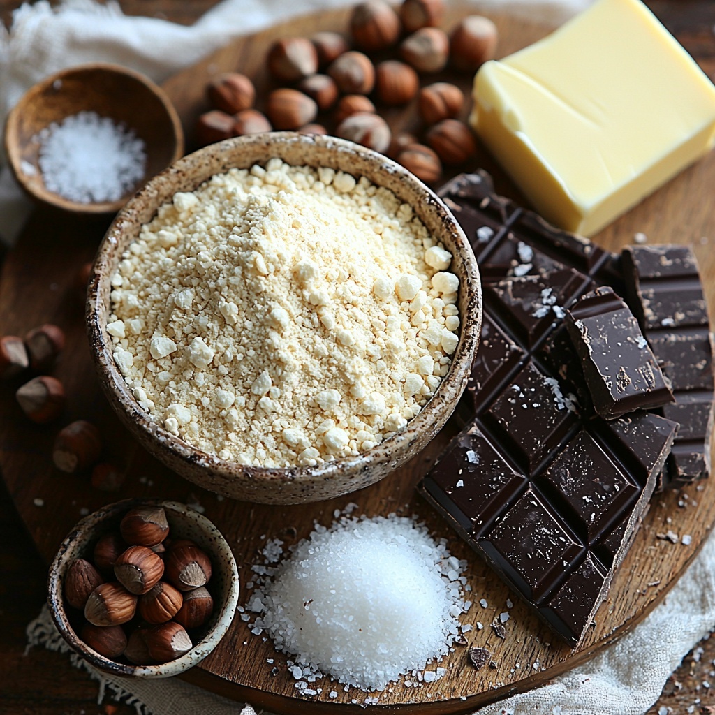 finely ground hazelnuts lightly toasted without skins in a small rustic ceramic bowl, a neat pile of all-purpose flour with soft powdery texture on a clean white surface, granulated sugar glistening with tiny crystals in a delicate glass dish, cold unsalted butter cut into perfectly even pale yellow cubes arranged neatly on a wooden board, a tiny heap of fine salt crystals in a miniature porcelain spoon, chunks of rich dark chocolate with glossy surface scattered artistically nearby, natural warm daylight illuminating textures and colors, soft shadows adding depth, minimalistic styling with a hint of rustic Italian charm, subtle props like a linen napkin folded gently at the corner, crumbs and a few stray hazelnuts casually placed to add authenticity, overhead shot, top down view, flat lay photography, professional food styling --ar 1:1 --q 2 --s 750 --v 6.1