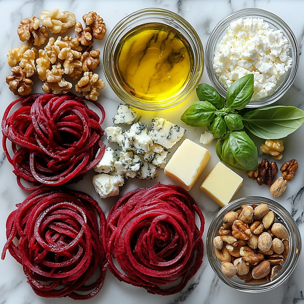 vibrant flat lay of fresh cooking ingredients arranged neatly on a clean white marble surface: two medium deep red spiralized beet noodles with glossy texture, small glass bowl of golden olive oil shimmering under natural light, two cloves of garlic peeled and minced finely, small heap of coarse sea salt and black peppercorns, clear glass dish with bright yellow fresh lemon juice, scattered creamy white crumbled goat cheese or feta, rustic pile of toasted walnuts and pine nuts with warm brown tones, vibrant green chopped fresh parsley and basil leaves adding fresh contrast, a small ramekin with finely grated pale yellow Parmesan cheese, all ingredients thoughtfully spaced and balanced to showcase colors and textures, soft natural daylight casting gentle shadows enhancing freshness, minimalistic styling with a touch of rustic charm, clean and inviting composition emphasizing freshness and Mediterranean inspiration, overhead shot, top down view, flat lay photography, professional food styling --ar 1:1 --q 2 --s 750 --v 6.1