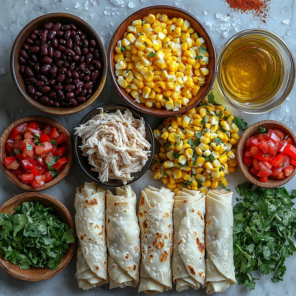 Chili’s Southwest Eggrolls ingredients beautifully arranged on a clean white marble surface: a small bowl of shredded cooked chicken breast with tender, juicy texture; a bowl of shiny black beans, glossy and plump; another bowl of golden yellow frozen corn kernels, thawed and fresh; finely diced bright red bell pepper pieces scattered artistically; chopped vibrant green onions with crisp freshness; a small pile of chopped deep green spinach leaves, fresh and leafy; a mound of shredded Monterey Jack cheese in creamy off-white strands; measuring spoons holding warm-toned ground cumin and chili powder with rich reddish-brown hues; small dishes of fine salt and cracked black peppercorns adding contrast; a stack of soft 8-inch flour tortillas with slightly textured surface, edges neatly fanned out; a small glass container of golden vegetable oil catching warm light. The ingredients are spaced evenly with natural lighting highlighting the vivid colors and varied textures, styled with subtle shadows for depth. A rustic wooden spoon rests casually on the side, adding warmth and authenticity. Overhead shot, top down view, flat lay photography, professional food styling --ar 1:1 --q 2 --s 750 --v 6.1