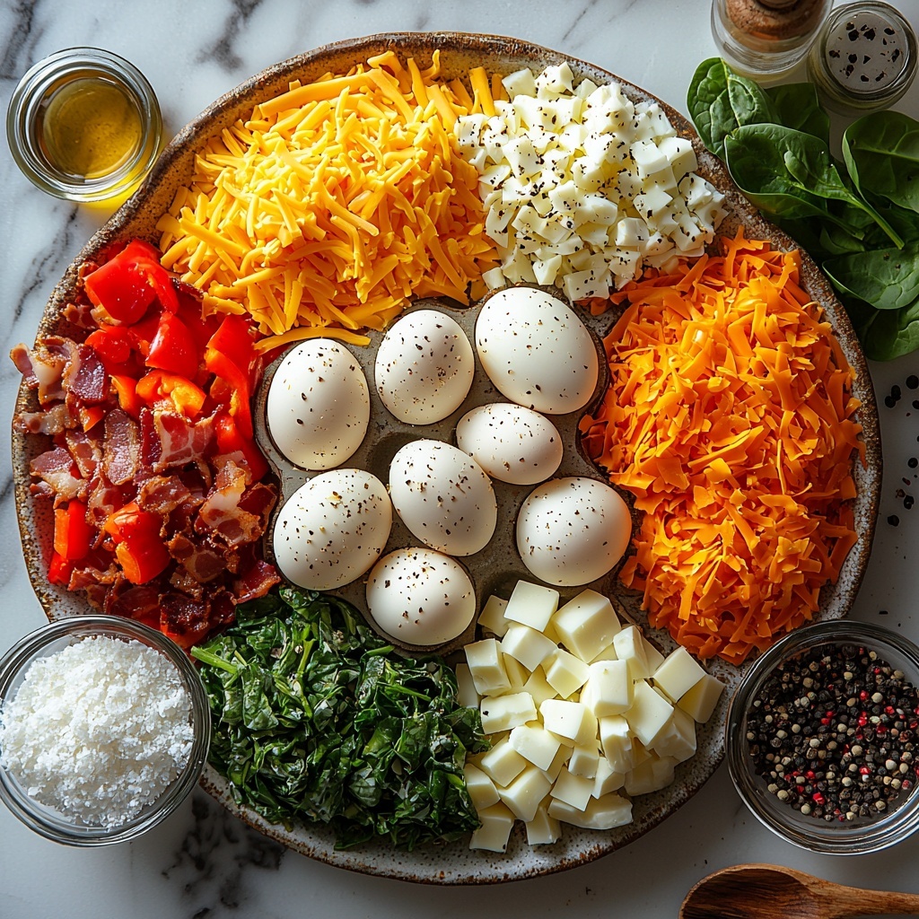 A clean, bright kitchen surface with a visually appealing flat lay arrangement of the main ingredients for baked egg muffins: six large whole eggs in a small rustic carton, a small glass bowl of creamy milk, a heap of shredded cheddar and mozzarella cheese with vibrant orange and white hues, colorful diced bell peppers in red, yellow, and green scattered neatly on a white ceramic plate, a small pile of fresh chopped spinach leaves with deep green color, a small bowl of crispy diced cooked bacon with a golden-brown texture (optional), finely chopped white onion arranged in a small glass bowl, a wooden spoon with ground black pepper, a small dish of coarse salt crystals, and a bottle of cooking oil with a subtle sheen nearby. The ingredients are arranged thoughtfully with natural light highlighting their rich colors and textures against a clean white marble or light wood background. Minimal props with subtle shadows enhance the fresh and inviting breakfast vibe. Overhead shot, top down view, flat lay photography, professional food styling --ar 1:1 --q 2 --s 750 --v 6.1