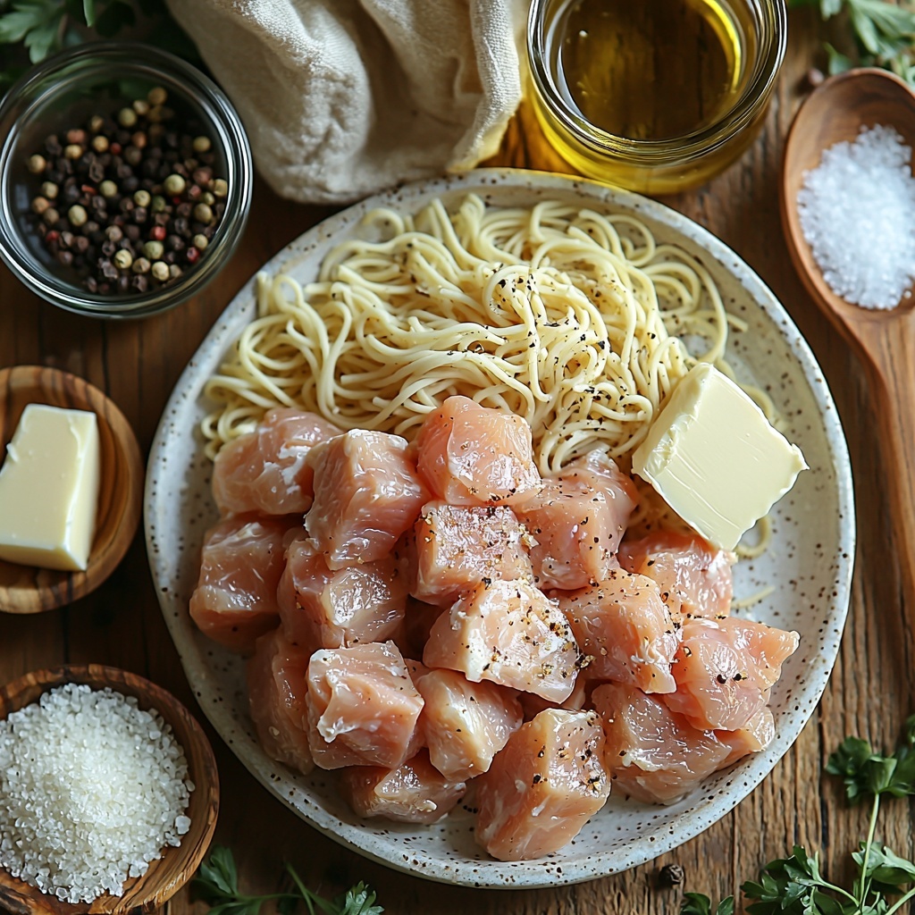 olive oil in a small glass bowl with golden sheen, raw boneless skinless chicken thighs cut into bite-sized pieces showing pink and fleshy texture on a white ceramic plate, small wooden spoons holding garlic powder and onion powder with fine pale powdery textures, a tiny bowl of coarse salt with irregular crystals, black peppercorns scattered beside a small dish, a pat of unsalted butter on a rustic butter knife with creamy yellow color, a clear glass measuring cup with rich golden chicken broth, uncooked egg noodles loosely piled in a natural pale yellow hue with ridged texture, a small bowl of finely grated Parmesan cheese showing crumbly white texture, fresh chopped parsley sprinkled loosely on a small white dish with bright green vibrant leaves, additional small butter pats and Parmesan cheese shards arranged casually around ingredients on a clean, light-colored wooden surface with soft natural light and minimal shadows, subtle neutral linen napkin partially visible on one side, overhead shot, top down view, flat lay photography, professional food styling --ar 1:1 --q 2 --s 750 --v 6.1