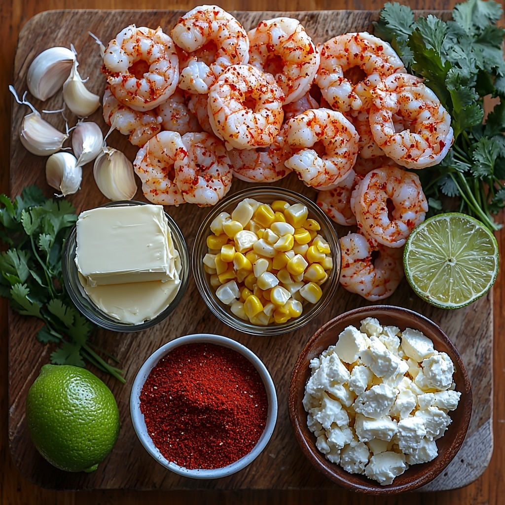 raw shrimp (large, peeled and deveined) arranged neatly in a small rustic bowl, bright pink and translucent textures visible; chili powder in a small ceramic dish showcasing vibrant deep red powder; coarse salt sprinkled artistically on a white marble surface; two tablespoons of golden olive oil in a glass pourer reflecting light; salted butter blocks pale yellow and slightly softened on a wooden board; finely chopped onion piled in a small white ramekin, glossy and fresh; five cloves of garlic, minced, scattered next to whole garlic bulbs with papery skins; grilled corn kernels bright yellow with slight char marks displayed in a small clear bowl; smoked paprika in a tiny bowl, creating a warm reddish-brown contrast; creamy half-and-half in a small clear measuring cup showing smooth, rich texture; crumbled white feta cheese spread loosely on a slate tile, showcasing crumbly texture; two small limes halved and whole, vibrant green with fresh juice drops visible on cut surfaces; fresh cilantro leaves loosely scattered with bright green color and delicate texture; all ingredients arranged artfully on a clean light wood surface with soft natural lighting emphasizing colors and textures, styled with minimal rustic props such as wooden spoons and linen napkins for an inviting, fresh look overhead shot, top down view, flat lay photography, professional food styling --ar 1:1 --q 2 --s 750 --v 6.1