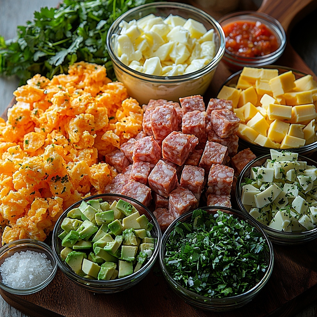 /frozen shredded hash browns thawed in a rustic ceramic bowl, raw breakfast sausage links with casings removed arranged neatly on a wooden cutting board, cracked eggs with bright yellow yolks in a glass bowl, small glass bowl of whole milk, piles of shredded sharp cheddar cheese with a rich orange hue, fresh diced avocado cubes with vibrant green color in a white ceramic dish, sliced green onions with crisp white and green rings scattered artfully, small bowl of mild red salsa showing chunky texture, small dish of chopped fresh cilantro leaves, glass containers of ground black pepper and salt with fine crystalline textures, all ingredients arranged carefully on a clean white marble surface, natural soft daylight highlighting the contrasting colors and textures, minimalistic styling with sprigs of cilantro and a wooden spoon for warmth, slight shadows for depth, focus on freshness and rustic breakfast vibe, overhead shot, top down view, flat lay photography, professional food styling --ar 1:1 --q 2 --s 750 --v 6.1