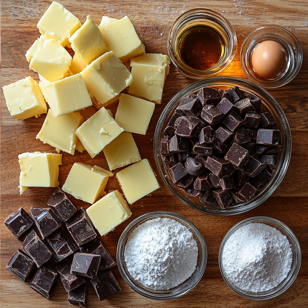 browned unsalted butter in a small glass bowl showing its golden caramelized texture, cubes of raw unsalted butter next to it, a heap of packed dark brown sugar with rich molasses tones, a small pile of fine white granulated sugar, a single large brown egg with smooth shell, a small glass dish of dark thick molasses, a tiny bottle or vial of amber vanilla extract, sifted all-purpose flour forming a soft white mound, small glass bowls containing baking soda (white powder), ground cinnamon (warm reddish-brown), ground ginger (light tan), ground allspice (dark brown), ground nutmeg (medium brown), and salt (white crystalline grains),  semisweet chocolate chips scattered artistically in clusters showing their glossy dark brown sheen, a measuring cup with clear liquid egg whites reflecting light, a bowl of fine white granulated sugar for meringue, a small container of cream of tartar with a matte white powder, another small vial of vanilla extract, all ingredients arranged neatly on a clean light wood or white surface with natural soft light casting gentle shadows, minimalistic modern styling with a rustic touch, some ingredients spilling slightly for an inviting, tactile feel, fresh and warm color palette emphasizing browns, creams, and whites, overhead shot, top down view, flat lay photography, professional food styling --ar 1:1 --q 2 --s 750 --v 6.1