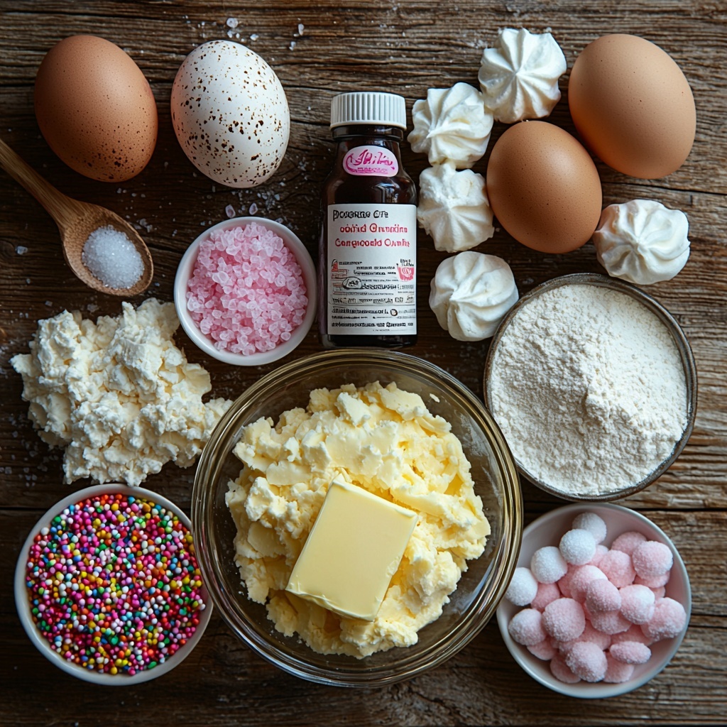 Unsalted butter softened in a small glass bowl showing its creamy pale yellow texture, granulated sugar and powdered sugar each in separate clear measuring cups with their fine crystals visible, two large brown eggs with smooth shells resting nearby, a small glass bowl of golden vanilla extract, a tiny bottle labeled cotton candy flavoring with a pastel pink liquid inside, separate piles of white all-purpose flour, pale beige baking powder, fine white baking soda, and coarse salt arranged neatly in small white ceramic spoons, small bowls containing vibrant pink and blue gel food coloring with glossy surfaces, colorful pastel sprinkles scattered delicately on a rustic white wood surface, and a fluffy piece of pastel pink cotton candy adding airy texture; all ingredients carefully spaced and harmoniously grouped to showcase their colors and textures with soft natural lighting casting gentle shadows, minimalistic background emphasizing the vibrant hues and inviting textures, styled with subtle props like a wooden spoon and linen cloth to add warmth and homeliness—overhead shot, top down view, flat lay photography, professional food styling --ar 1:1 --q 2 --s 750 --v 6.1