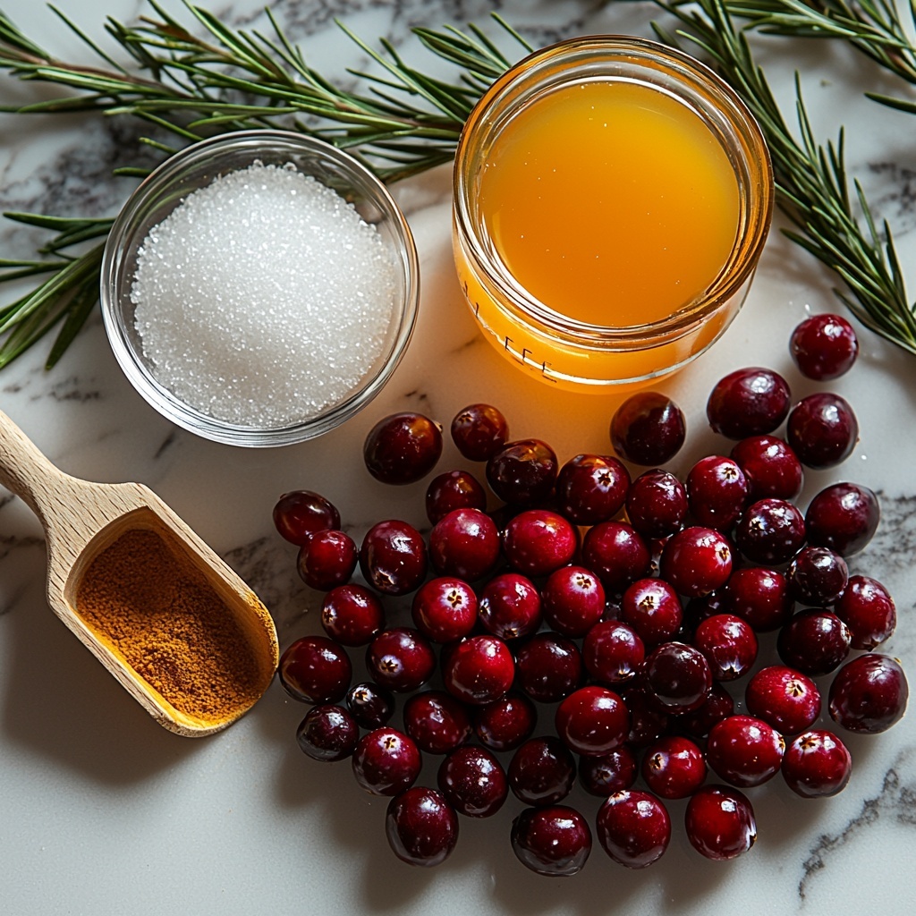 fresh cranberries piled in a small clear glass bowl showing their glossy bright red skins and round shape, a measuring cup filled with vibrant orange juice with rich golden hues, a small glass bowl of crystal white granulated sugar sparkling under soft light, a clear bowl of water reflecting subtle highlights, a tiny white ceramic dish holding fine ground cinnamon with warm reddish-brown color and powdery texture, all ingredients neatly arranged in a balanced semi-circle on a clean, smooth white marble surface with soft natural light casting gentle shadows, minimalistic styling with small wooden scoop next to sugar, a sprig of fresh green mint for a pop of color, crisp focus capturing the varied textures from smooth liquid to granular sugar and delicate cinnamon powder, bright airy atmosphere emphasizing freshness and simplicity, overhead shot, top down view, flat lay photography, professional food styling --ar 1:1 --q 2 --s 750 --v 6.1