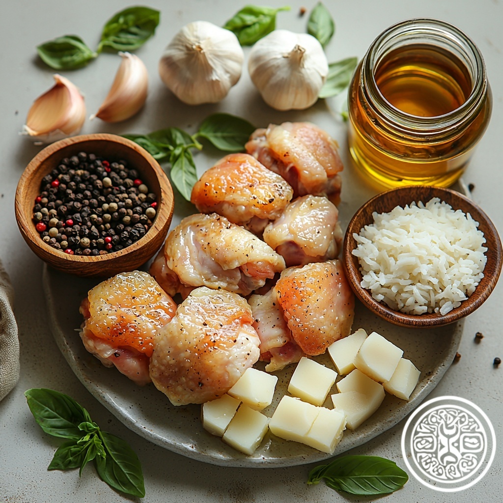 bone-in skin-on chicken thighs and drumsticks raw, glossy pale pink and yellow skin, half cup dark amber soy sauce in a small ceramic bowl, half cup pale golden cane vinegar in a clear glass jar, half cup clear water in a minimal glass container, six whole garlic cloves smashed with papery white skin and creamy interiors, two fresh dried bay leaves with matte olive green texture, one teaspoon whole black peppercorns scattered loosely, one tablespoon light brown sugar granules in a small wooden spoon, one tablespoon golden cooking oil in a small vintage bottle, a bowl of fluffy white steamed rice with visible grains, all ingredients arranged neatly and spaced on a clean white matte surface, natural soft daylight illuminating from the top left, subtle shadows adding depth, minimal rustic props like a linen napkin and wooden spoon nearby for warmth and context, emphasis on contrasting textures and natural colors, overhead shot, top down view, flat lay photography, professional food styling --ar 1:1 --q 2 --s 750 --v 6.1