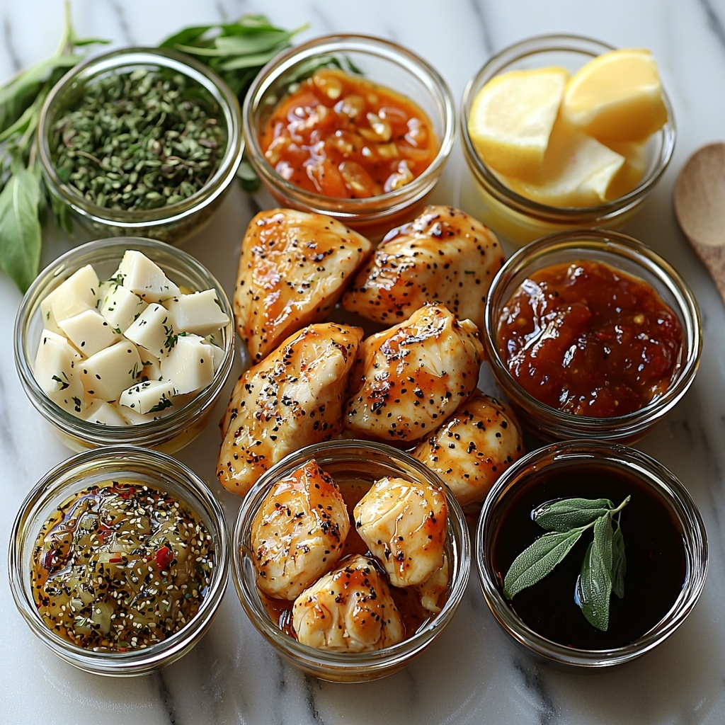 boneless skinless chicken breasts, small glass bowls with lemon herb marinade (olive oil with bright yellow lemon juice, dried oregano flakes, garlic powder, salt crystals, black peppercorns), BBQ marinade (rich reddish-brown barbecue sauce with glossy texture, olive oil, smoked paprika powder, onion powder), Asian-inspired marinade ingredients (dark soy sauce, amber sesame oil, clear rice vinegar, golden honey or maple syrup, minced white garlic clove, fresh grated ginger root), Italian marinade components (golden olive oil, dark balsamic vinegar, dried Italian herbs, garlic powder, salt and black pepper), all ingredients neatly arranged on a clean white marble surface, chicken breasts placed centrally with bowls of each marinade symmetrically around, fresh textures of spices and liquids captured vividly, natural soft lighting emphasizing colors and glisten of oils and sauces, minimal shadows, slight reflections on shiny surfaces, rustic small spoons resting in some bowls, sprigs of fresh herbs scattered gently for color contrast, overhead shot, top down view, flat lay photography, professional food styling --ar 1:1 --q 2 --s 750 --v 6.1