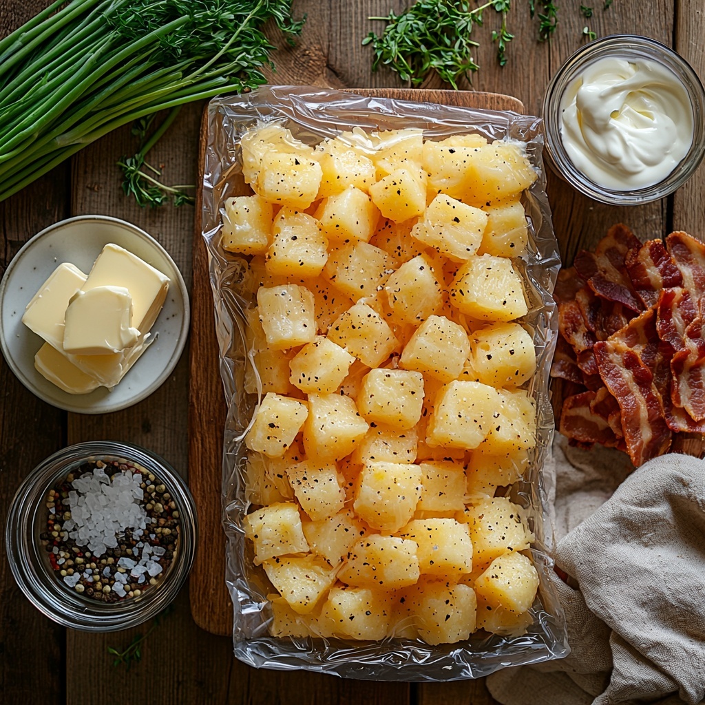 frozen hash brown potatoes in a frosty, crinkled plastic bag partially opened, golden salted butter melted and pooled in a small clear glass bowl, a small yellow onion diced into neat 1/4-inch cubes on a white ceramic plate, coarse kosher salt sprinkled lightly beside it, a small dish of ground black pepper with visible freshly cracked specks, a can of cream of chicken soup opened to reveal smooth creamy texture, a heap of shredded sharp cheddar cheese in vibrant orange and pale yellow tones on a rustic wooden board, a measuring cup filled with translucent reduced-sodium chicken broth showing slight golden tint, a dollop of creamy sour cream in a white ramekin with a glossy surface, thinly sliced green onions arranged in a delicate fan showcasing bright green hues, small bowl of crispy-looking bacon bits with deep reddish-brown crispness scattered nearby -- all items thoughtfully spaced on a clean light wood surface with soft natural light casting gentle shadows, subtle flourishes of fresh herbs and a linen napkin for warmth and texture, overhead shot, top down view, flat lay photography, professional food styling --ar 1:1 --q 2 --s 750 --v 6.1