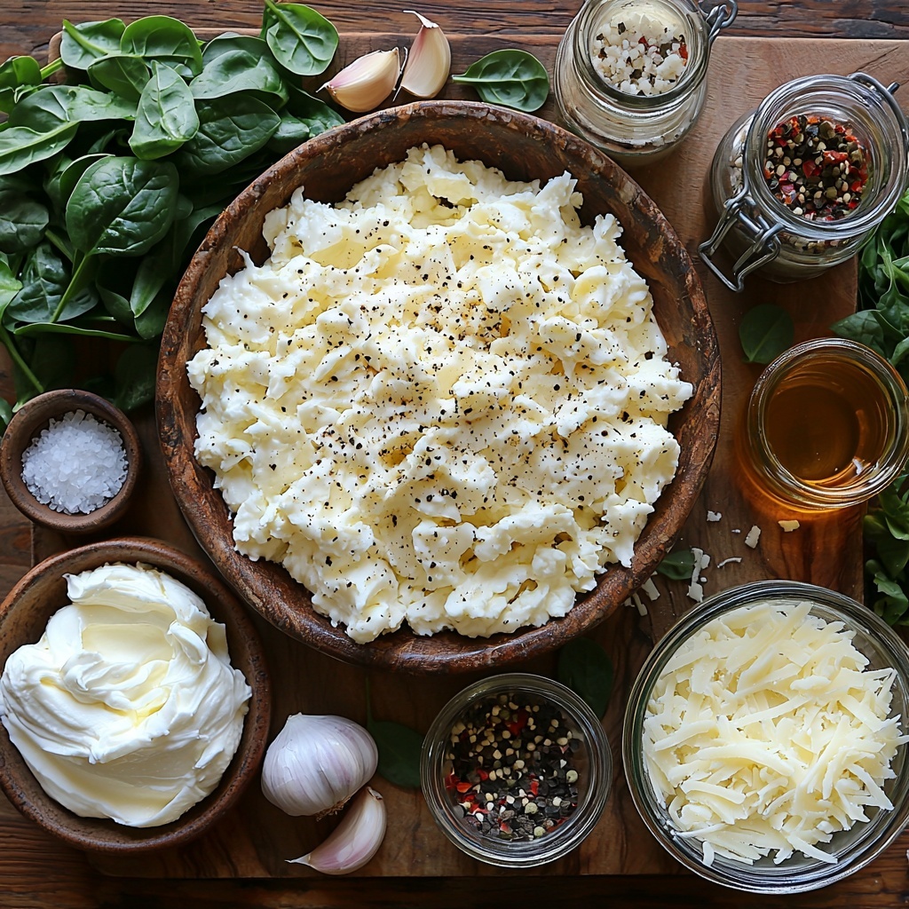 cream cheese softened in a small white bowl, creamy and smooth texture; sour cream in a glass jar with a silver spoon, thick and glossy; shredded mozzarella cheese in a rustic ceramic bowl, fluffy white strands; grated Parmesan cheese piled delicately on a wooden board, fine and crumbly texture; three cloves of garlic, peeled and minced, placed neatly on a small dish; Italian seasoning herbs sprinkled lightly on a linen cloth; salt and black pepper in small vintage glass shakers; a small clear bowl with golden olive oil reflecting light; cooked and crumbled Italian sausage in a dark ceramic bowl, rich brown with crispy edges; fresh chopped basil and parsley on a small white plate, vibrant green and leafy; red pepper flakes in a tiny glass container, bright red specks; chopped spinach leaves scattered loosely with deep green, slightly glossy texture; all ingredients arranged artfully on a clean, light wood surface with soft natural lighting, subtle shadows creating depth, minimal props to emphasize fresh colors and textures, crisp focus, overhead shot, top down view, flat lay photography, professional food styling --ar 1:1 --q 2 --s 750 --v 6.1