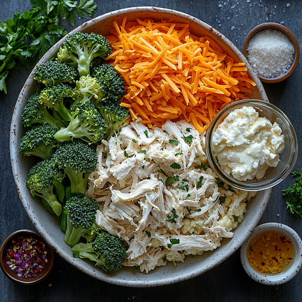 a clean, neutral-toned surface displaying an artful flat lay of the main ingredients for a low carb chicken casserole: a rustic white bowl filled with shredded cooked chicken showing tender, fibrous texture; vibrant green broccoli florets scattered beside a small mound of finely chopped, snowy white cauliflower rice; a neat pile of bright orange shredded cheddar cheese with a slightly crumbly texture; a smooth dollop of softened cream cheese resting on a small ceramic dish; a clear glass measuring cup filled with golden chicken broth; small vintage bowls containing light beige garlic powder, pale yellow onion powder, fine pinkish paprika, and mixed salt and pepper grains; soft natural daylight highlighting the contrast between rich cheese colors and fresh vegetables; minimalistic and natural styling with subtle shadows and soft reflections, arranged with balanced spacing to showcase each ingredient clearly; overhead shot, top down view, flat lay photography, professional food styling --ar 1:1 --q 2 --s 750 --v 6.1