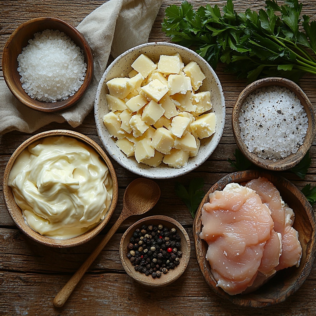 A clean, light wooden surface neatly arranged with the main ingredients for melt in your mouth chicken: a small white bowl filled with creamy, pale yellow mayonnaise; a small rustic bowl of finely grated Parmesan cheese, showcasing a soft, crumbly white texture; a vintage teaspoon holding finely ground off-white garlic powder; two large, raw boneless skinless chicken breasts with a smooth, pale pink surface; a small clear dish of coarse kosher salt crystals glistening under soft light; a tiny heap of freshly ground black peppercorns in deep black and gray tones; and a small bunch of bright green freshly chopped parsley leaves adding a pop of color. The ingredients are carefully spaced with some natural shadows, styled with minimal props like a light linen napkin and a wooden spoon placed casually nearby, emphasizing fresh textures and clean, inviting colors. Overhead shot, top down view, flat lay photography, professional food styling --ar 1:1 --q 2 --s 750 --v 6.1