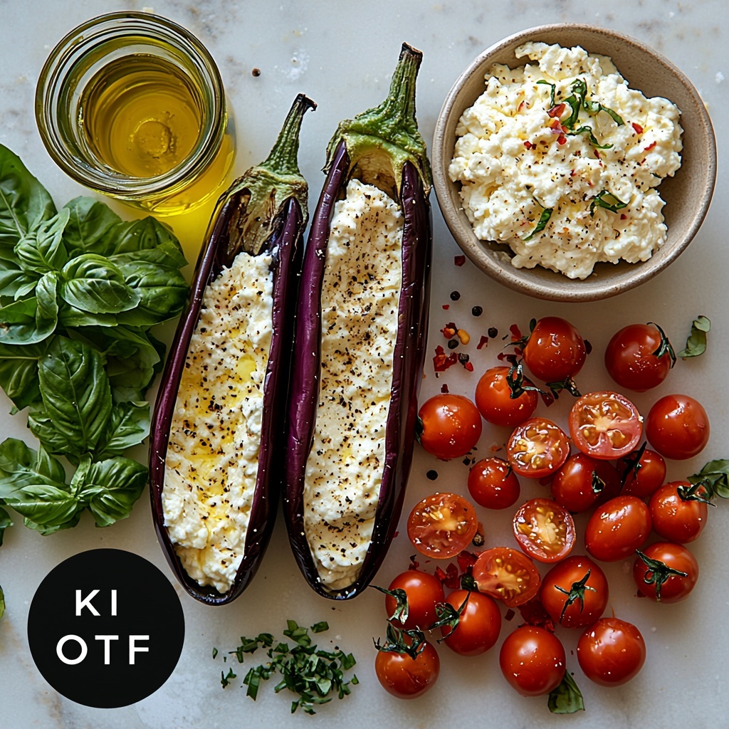 2 medium eggplants halved lengthwise with glossy deep purple skin and creamy white flesh, small bowl of smooth white ricotta cheese, mound of shredded mozzarella cheese with soft melted texture, small heap of finely grated pale golden Parmesan cheese, two peeled garlic cloves minced finely, bunches of fresh bright green parsley and basil leaves chopped, small dish of vibrant red finely chopped cherry tomatoes, olive oil in a clear glass jar showing rich golden yellow liquid, sprinkling of coarse salt and cracked black peppercorns scattered artfully, pinch of red pepper flakes optional, all ingredients arranged neatly on a clean white marble surface with natural diffused daylight highlighting the varied textures and vivid colors, minimalist and fresh styling with slight rustic Mediterranean vibe, soft shadows enhancing depth and dimension, overhead shot, top down view, flat lay photography, professional food styling --ar 1:1 --q 2 --s 750 --v 6.1