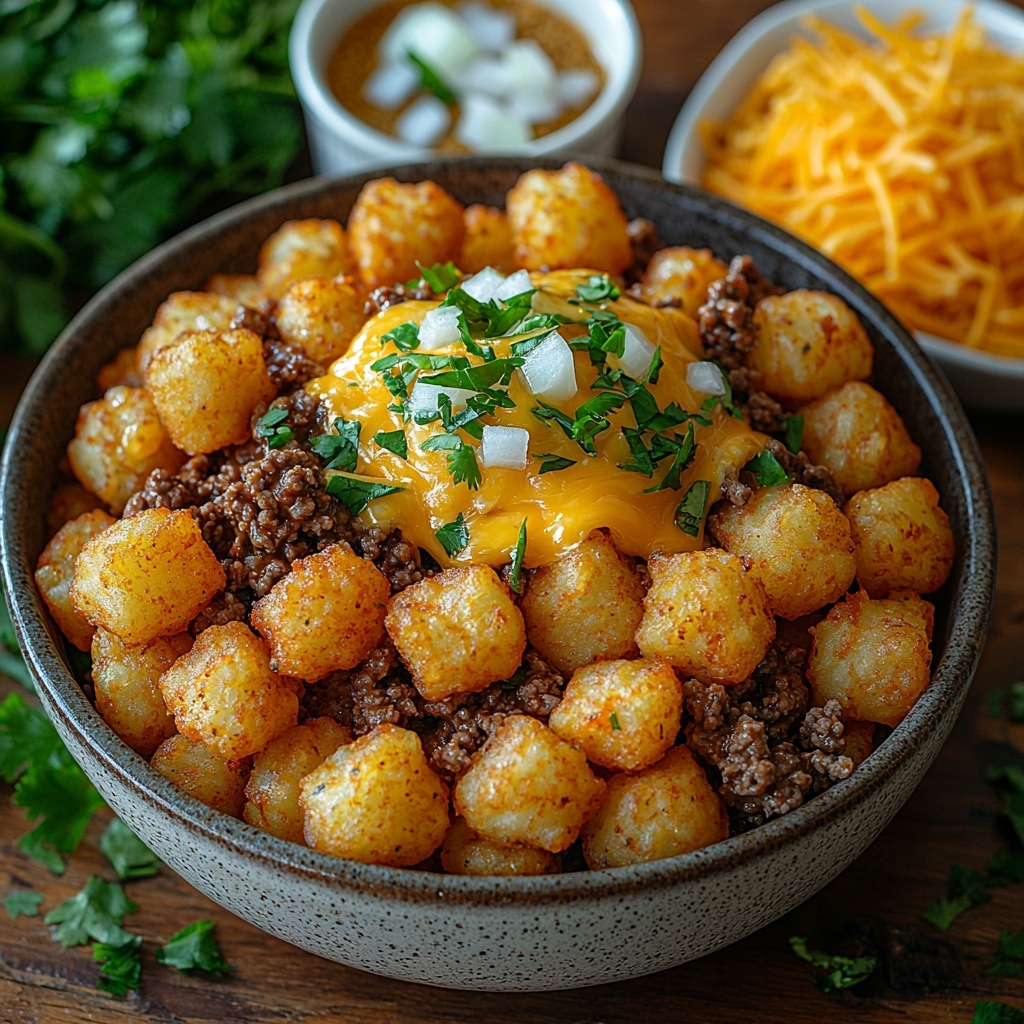 Frozen tater tots in a rustic bowl with some spilling onto a clean white surface, browned ground beef in a small ceramic dish showcasing its rich, crumbly texture, a clear glass bowl filled with smooth, creamy cheese sauce, a heap of shredded sharp cheddar cheese vibrant in bright orange-yellow tones partially scattered artfully, a small white ramekin containing golden taco seasoning powder, a tiny bowl of finely minced white onion pieces, fresh bright green chopped cilantro sprigs arranged delicately to the side; natural light highlighting the contrasting textures from crispy tots to creamy cheese sauce, all ingredients neatly spaced with subtle shadows on a minimalist, matte white background for a clean, inviting look, overhead shot, top down view, flat lay photography, professional food styling --ar 1:1 --q 2 --s 750 --v 6.1