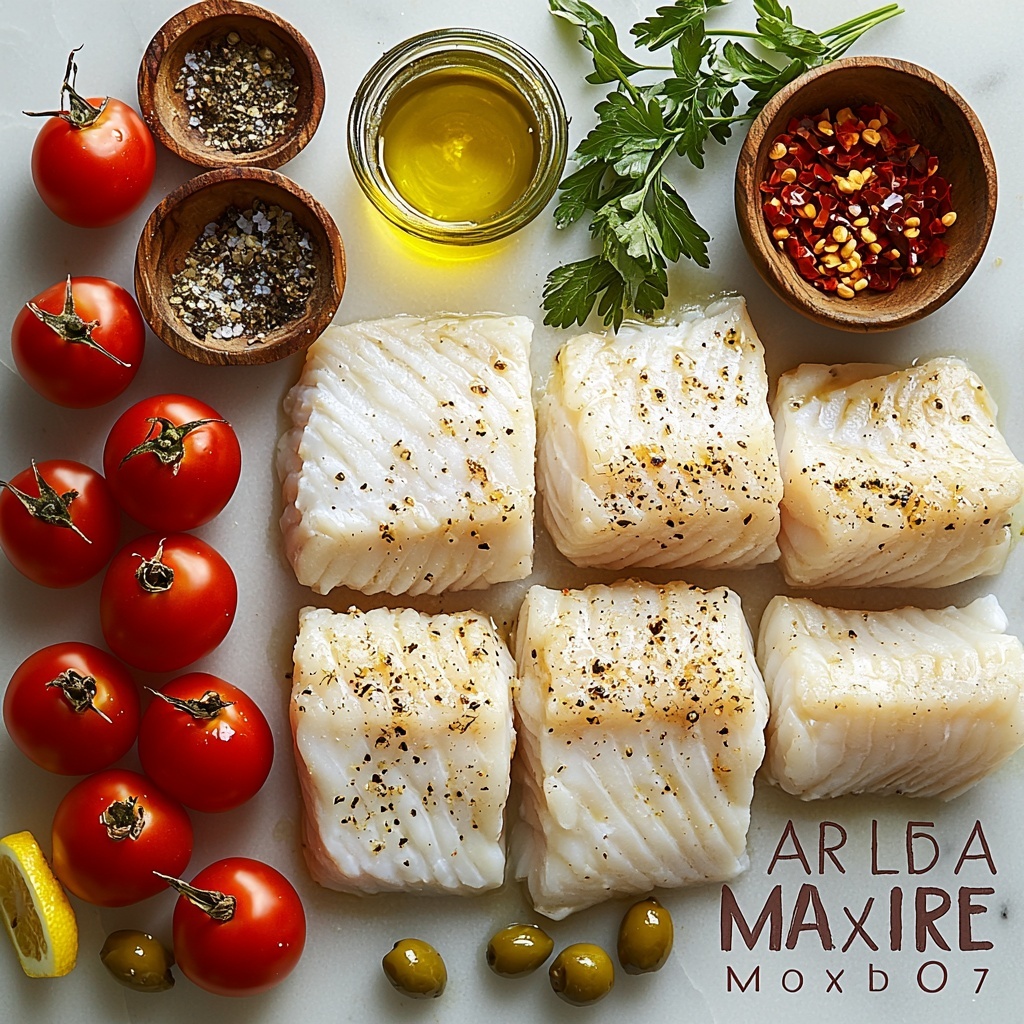 4 fresh cod fillets, smooth and pale white, placed neatly on a clean white marble surface; scattered around them vibrant red cherry tomatoes, halved to reveal juicy interiors; rich dark purple Kalamata olives sliced, glistening with natural oils; small heaps of briny greenish-gray capers, moist and textured; minced garlic cloves in a small rustic bowl showing fine grain; golden olive oil in a clear glass pourer catching light reflections; dried oregano sprinkled lightly next to a small bunch of fresh bright green chopped parsley; small piles of crushed red pepper flakes with vivid red specks; fresh lemon wedges with bright yellow rind and juicy pulp arranged artistically; coarse sea salt and cracked black peppercorns sprinkled subtly; all ingredients spaced thoughtfully to showcase a Mediterranean color palette and fresh textures; soft natural daylight casting gentle shadows emphasizing freshness and moisture; minimalistic, elegant styling with rustic wooden chopping board and linen napkin edges barely visible for warmth; clean background with no clutter, enhancing colors and shapes, overhead shot, top down view, flat lay photography, professional food styling --ar 1:1 --q 2 --s 750 --v 6.1