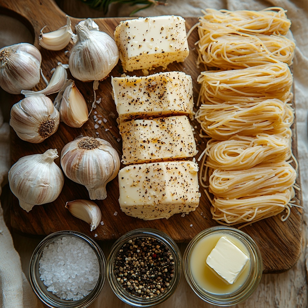 whole head of garlic with papery skin partially peeled and one head trimmed to show exposed cloves, two sealed packages of parmesan pasta & sauce with clear branding visible, a small glass bowl of olive oil glistening under soft light, a pat of golden butter on a white ceramic dish, a raw chicken breast cut into strips displayed neatly on a rustic wooden board, a small ramekin of coarse salt and freshly cracked black pepper, a white measuring cup filled with creamy milk, a clear glass bowl holding three cups of water, all arranged on a clean light beige textured linen surface with subtle natural shadows, pops of warm colors from garlic and butter contrasting the cool, smooth textures of milk and water, delicate reflections on glass and ceramic dishes, sense of freshness and readiness for cooking, minimalistic and harmonious composition with ample negative space, natural daylight mimicking a calm kitchen atmosphere overhead shot, top down view, flat lay photography, professional food styling --ar 1:1 --q 2 --s 750 --v 6.1