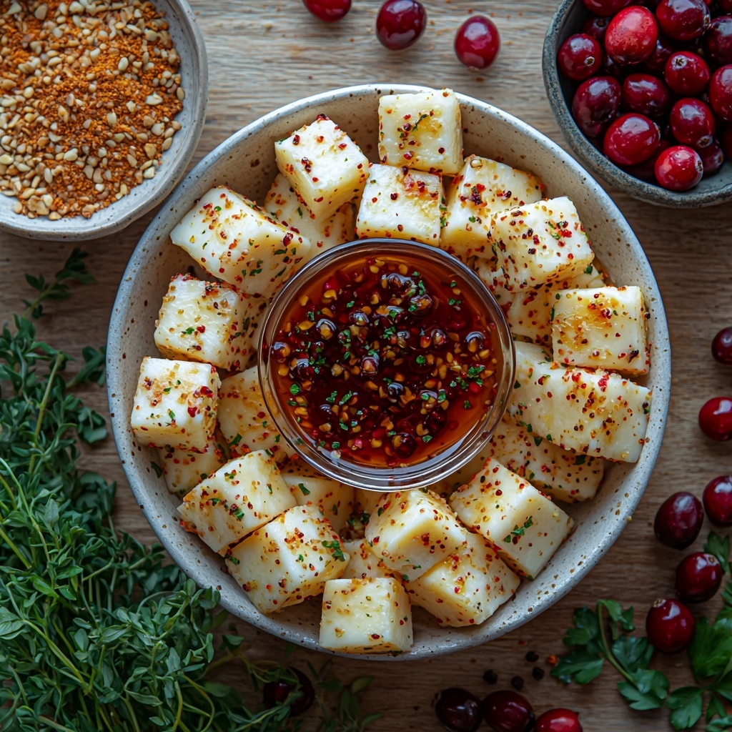 Crispy halloumi cheese cubes and small feta cheese cubes neatly arranged on a clean, light wooden surface, toasted golden and white contrasting textures visible; small bowl of glossy hot honey cranberry dip with vibrant red cranberries glistening with honey glaze placed next to ingredients; scattered fresh thyme and parsley sprigs adding fresh green accents; small heap of smoked paprika powder showing deep rusty red color, cracked black peppercorns sprinkled artfully nearby; drizzle of golden olive oil in a small clear glass dish; raw cranberries displayed in a small cluster rich in red hues; tiny bowl with bright orange zest shreds and a small pile of chili flakes providing pops of orange and red; optional sesame seeds and crushed pistachios sprinkled subtly around for texture and color contrast; all elements spaced thoughtfully with clean lines and balanced composition on a neutral background; soft natural lighting highlighting textures and vibrant colors, slight shadows for depth, overhead shot, top down view, flat lay photography, professional food styling --ar 1:1 --q 2 --s 750 --v 6.1