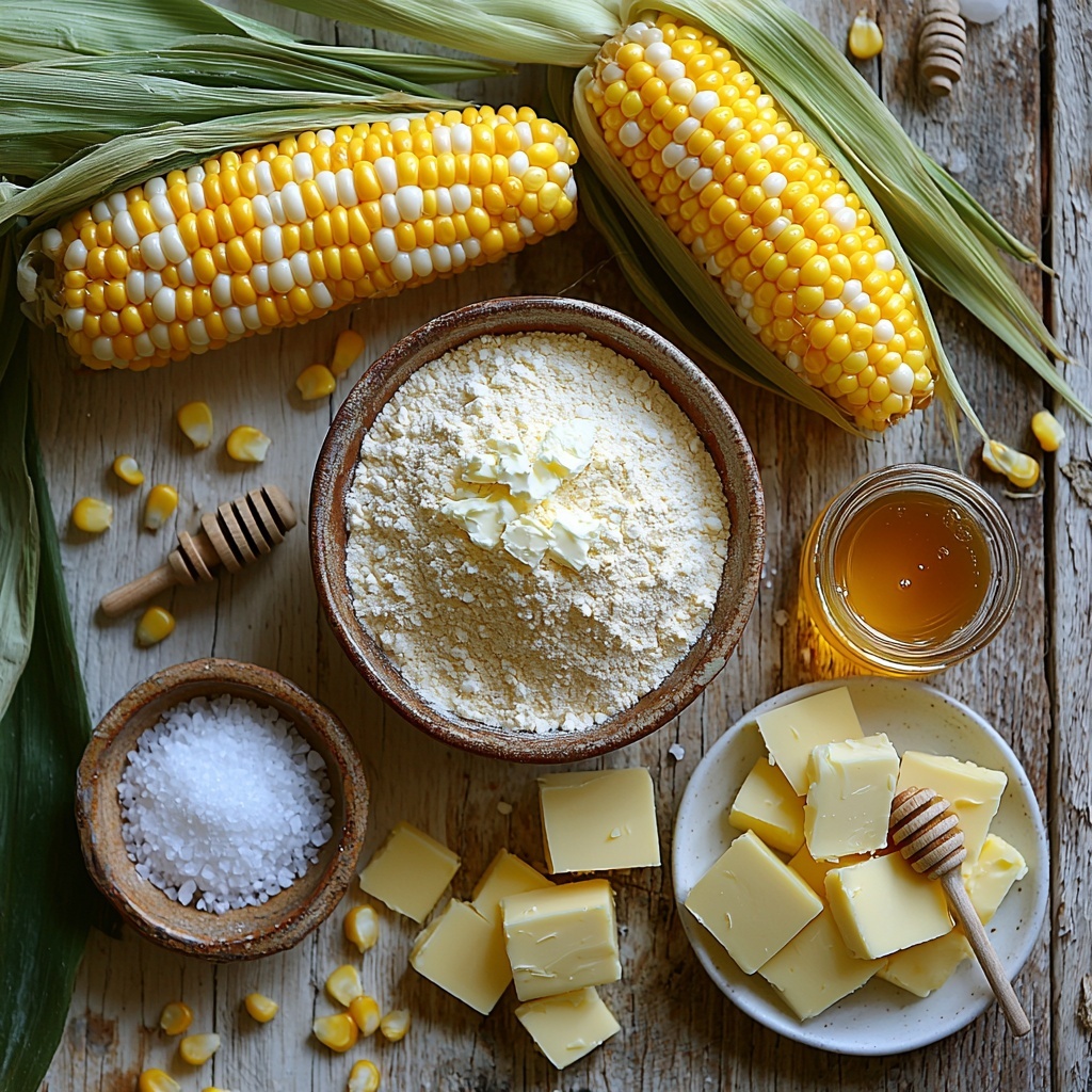 2-3 ears of fresh yellow corn with plump kernels, a small splash of creamy whole milk in a clear glass container, a small pile of fine white corn flour (masarepa) in a rustic ceramic bowl, scattered loose corn kernels around, a few pats of golden butter and a small dish with a pinch of salt crystals, fresh white cheese slices resembling queso de mano or feta on a minimalist white plate, a small drizzle of honey in a glass jar with a wooden honey dipper nearby; all ingredients carefully arranged on a clean, light wooden surface with soft natural daylight casting gentle shadows, vibrant colors emphasizing the fresh yellow corn contrasted with the creamy whites and warm golden hues, textures ranging from smooth milk and soft cheese to coarse flour and glossy butter, styled with a few green corn husk leaves subtly placed to add freshness and visual interest, overall composition balanced with negative space for an airy, inviting feel; overhead shot, top down view, flat lay photography, professional food styling --ar 1:1 --q 2 --s 750 --v 6.1