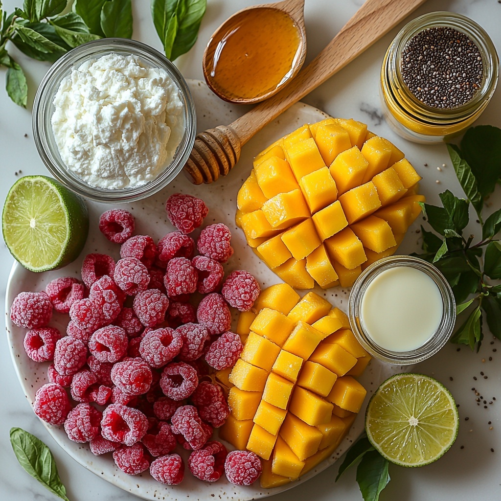 frozen raspberries in a small clear bowl, vibrant deep red with frosty texture; frozen mango chunks bright golden yellow on a white ceramic plate; creamy smooth half cup of pale off-white non-dairy yogurt in a glass ramekin; two cups of almond milk in a transparent measuring cup showing milky white liquid; fresh lime cut in half with bright green rind and juicy pulp placed next to a small glass bowl of tiny black and white chia seeds; a scoop of white protein powder or collagen peptides in a neat heap on a wooden spoon; optional honey in a small glass jar with golden amber hue and a single Medjool date with rich brown glossy skin; all ingredients arranged neatly spaced and balanced on a clean white marble surface, natural soft lighting enhancing vibrant colors and varied textures, minimal shadows, subtle rustic props like wooden utensils and linen napkin for warmth and contrast; overhead shot, top down view, flat lay photography, professional food styling --ar 1:1 --q 2 --s 750 --v 6.1
